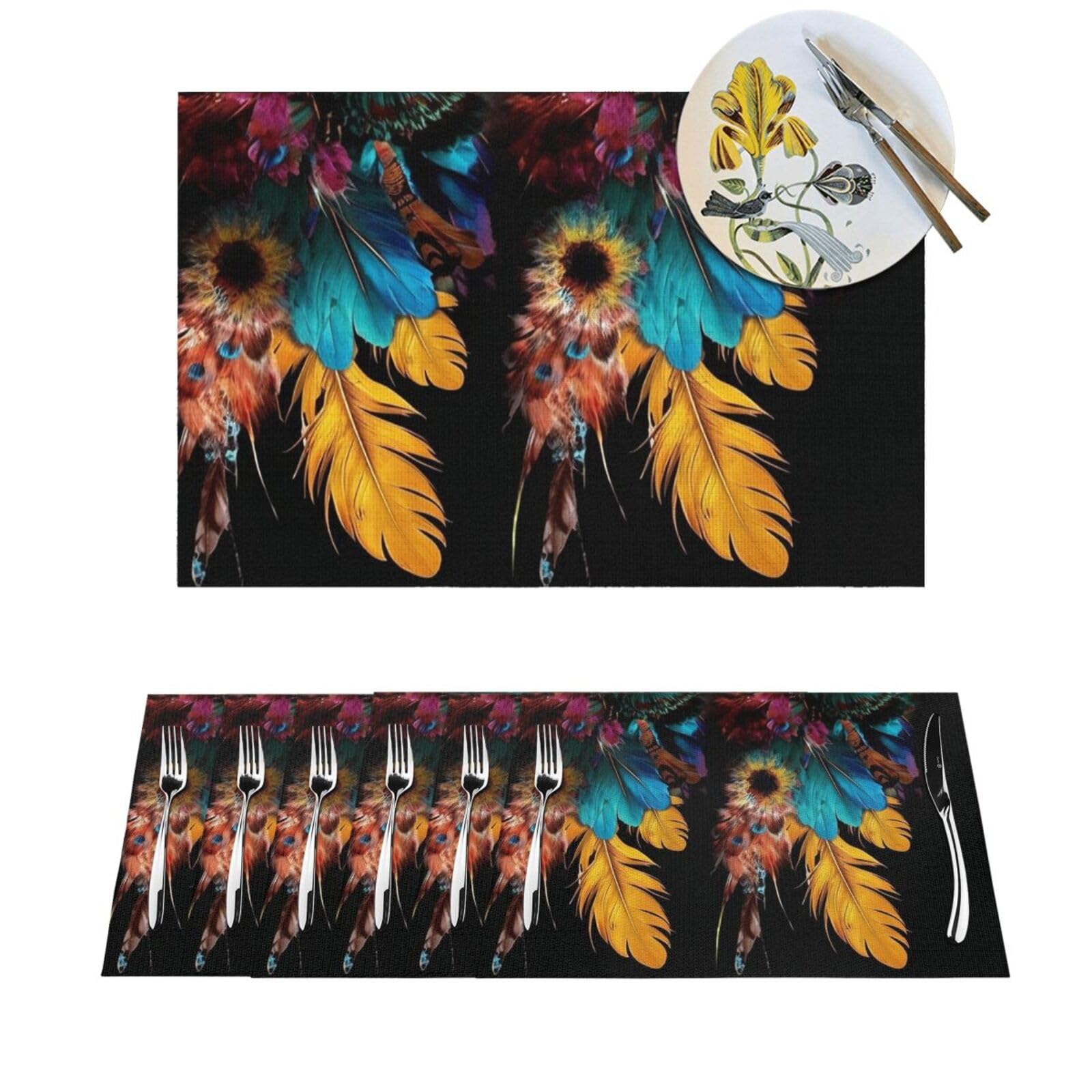 Set de table PVC lavable lot de 4 tissé avec plumes colorées 45x30cm