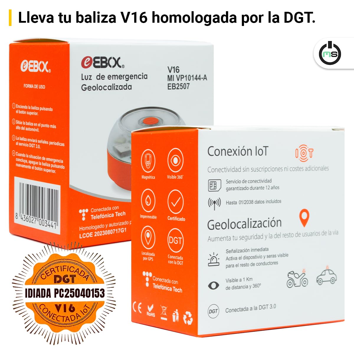 Baliza V16 Homologada DGT Luz de Emergencia IoT | Tarjeta SIM Integrada | Señal Conectada Geolocalizada DGT 3.0, Base Magnética, Visibilidad 1 km 360°, Incluye Pila V9 | Impermeable IP54