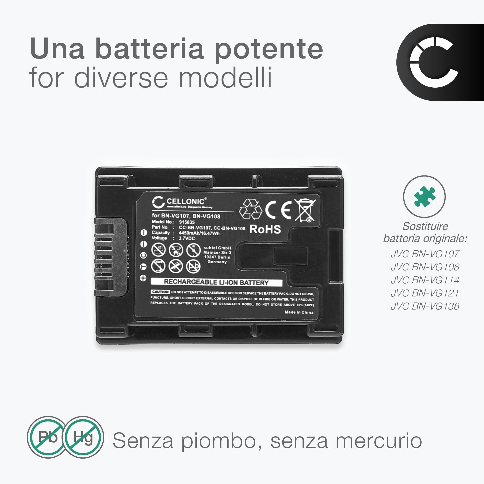 CELLONIC 1x Batteria compatibile con JVC BN-VG114, GZ-HM430, GZ-HM655 | 1x, (4450mAh-3.7V-Ioni di Litio), Fotocamera Batteria per JVC BN-VG114, GZ-HM430, GZ-HM655, BN-VG107
