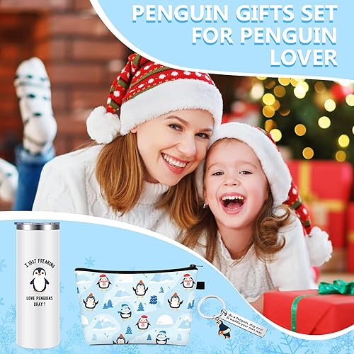 Miniatura 6 de Newtay 3 piezas de regalos de pingüino para mujeres, incluyendo lindo vaso de vino de acero inoxidable con popote y cepillo, llavero motivacional de