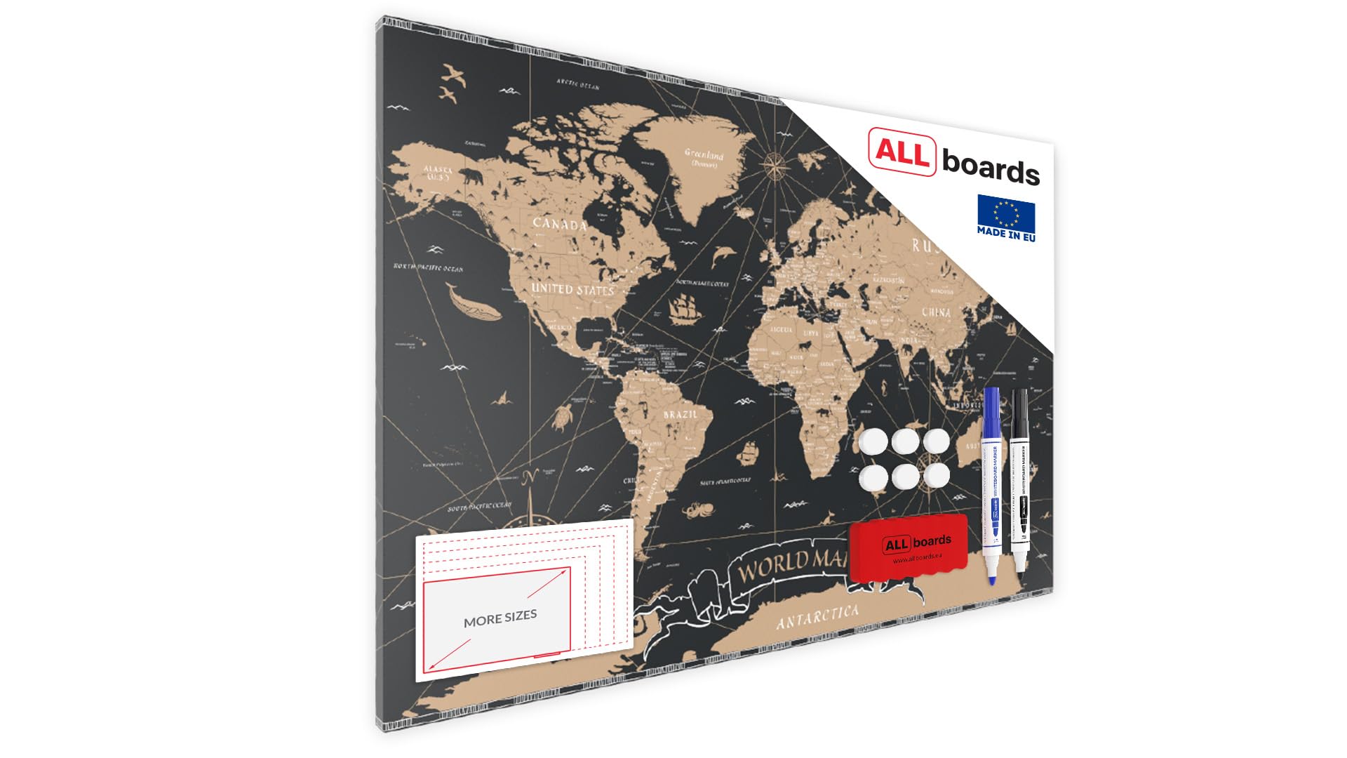 Magnetic Boards MetalBoard World MAP Black Vintage 60x40cm a Magnetic Metal Poster with an Imprint for All Types of Magnets, Wall Mounted Durable 3D Printed + a Set of Accessories Included — image 1