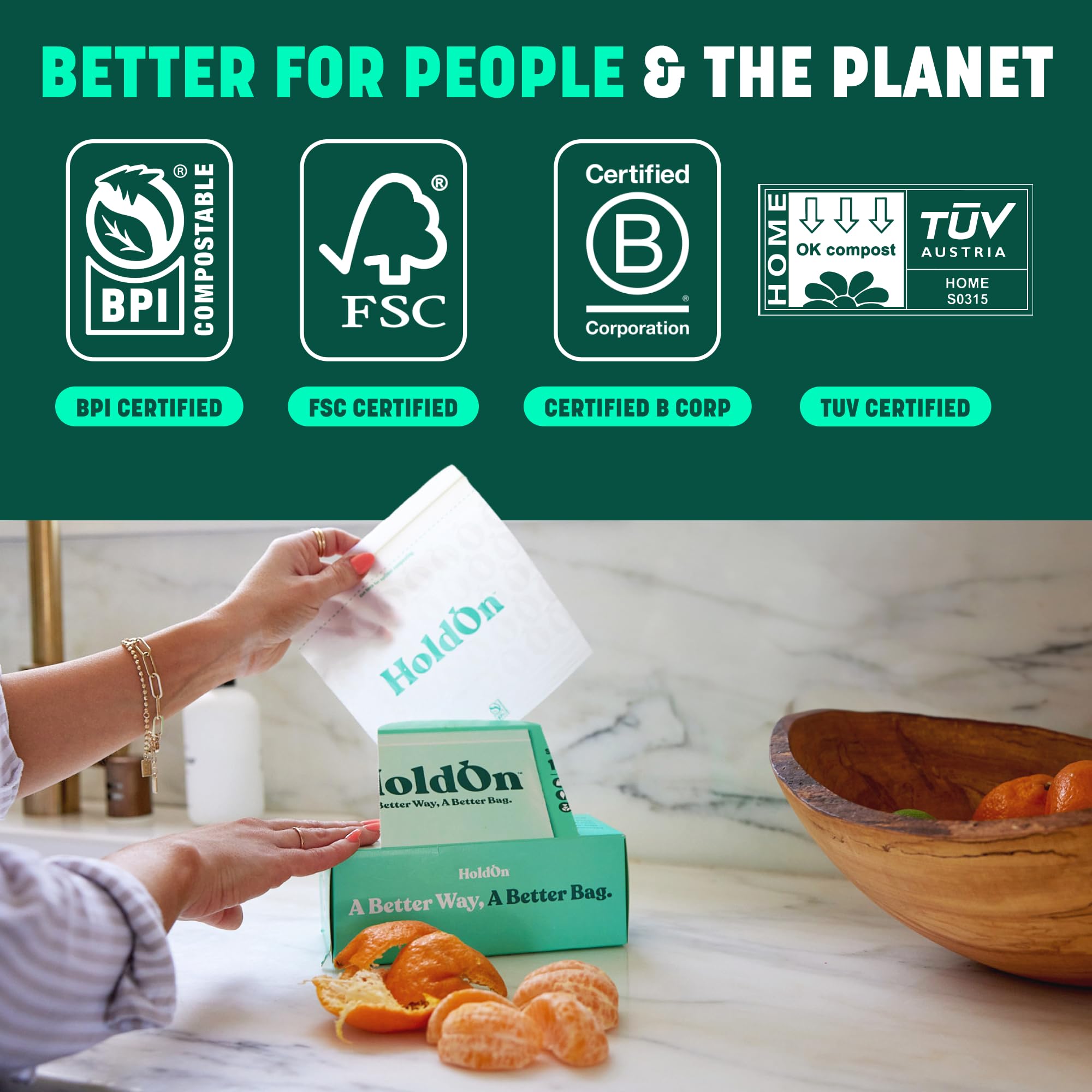 HoldOn Zipseal - Bolsas para sándwiches, sin plástico, a base de plantas y aptas para alimentos, bolsas de almacenamiento de alimentos con cierre seguro para el hogar y viajes (100 bolsas en total)