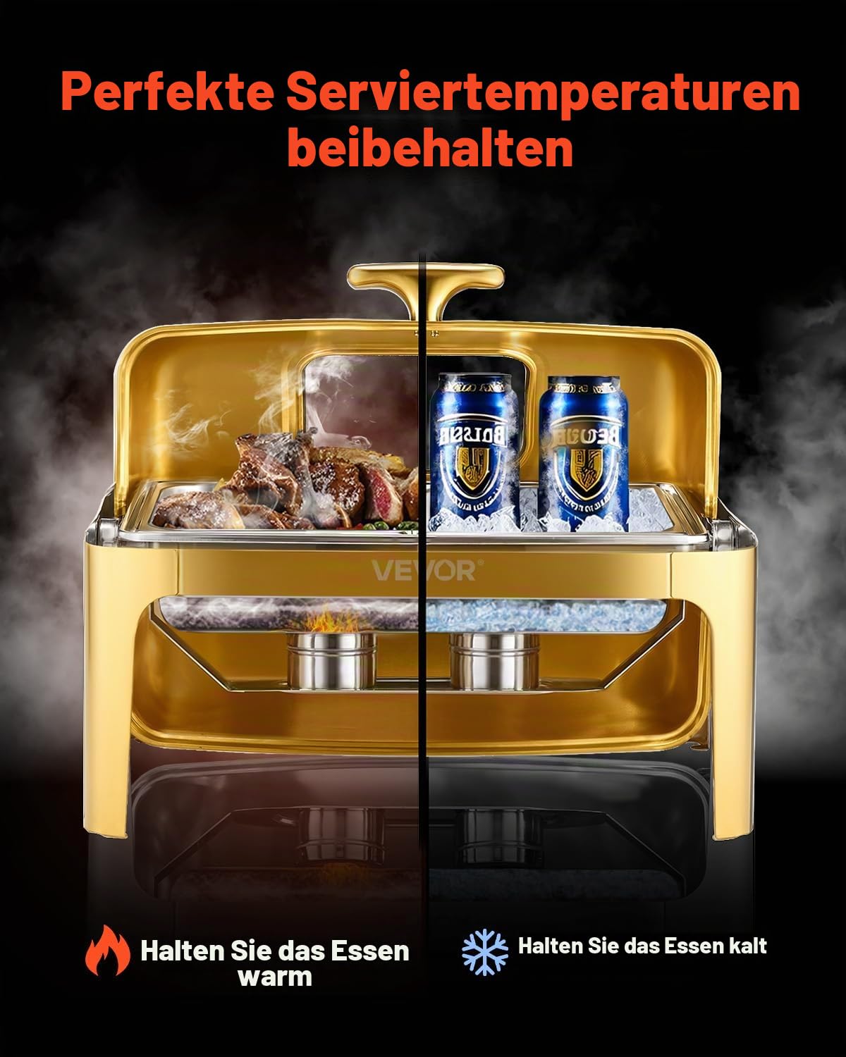 VEVOR Chafing Dish Set Speisenwärmer Edelstahl mit Pfannen in voller Größe (8,5 L), rechteckiger Wärmespender mit sichtbarem Deckel & Wasserpfannenständer & Brennstoffhalter, für Partys Gold
