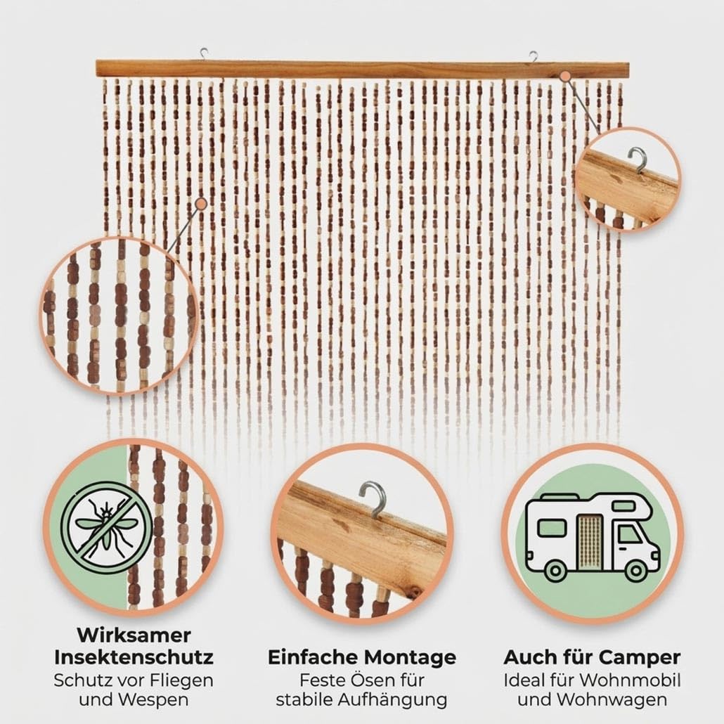 Kobolo Türvorhang Bamboo 90x200cm braun, Bambus Perlenvorhang mit 45 Strängen je 0,9cm & Holzleiste, dekorativer Fadenvorhang als Insektenschutz & Raumteiler für Balkon- & Terrassentür, handgefertigt