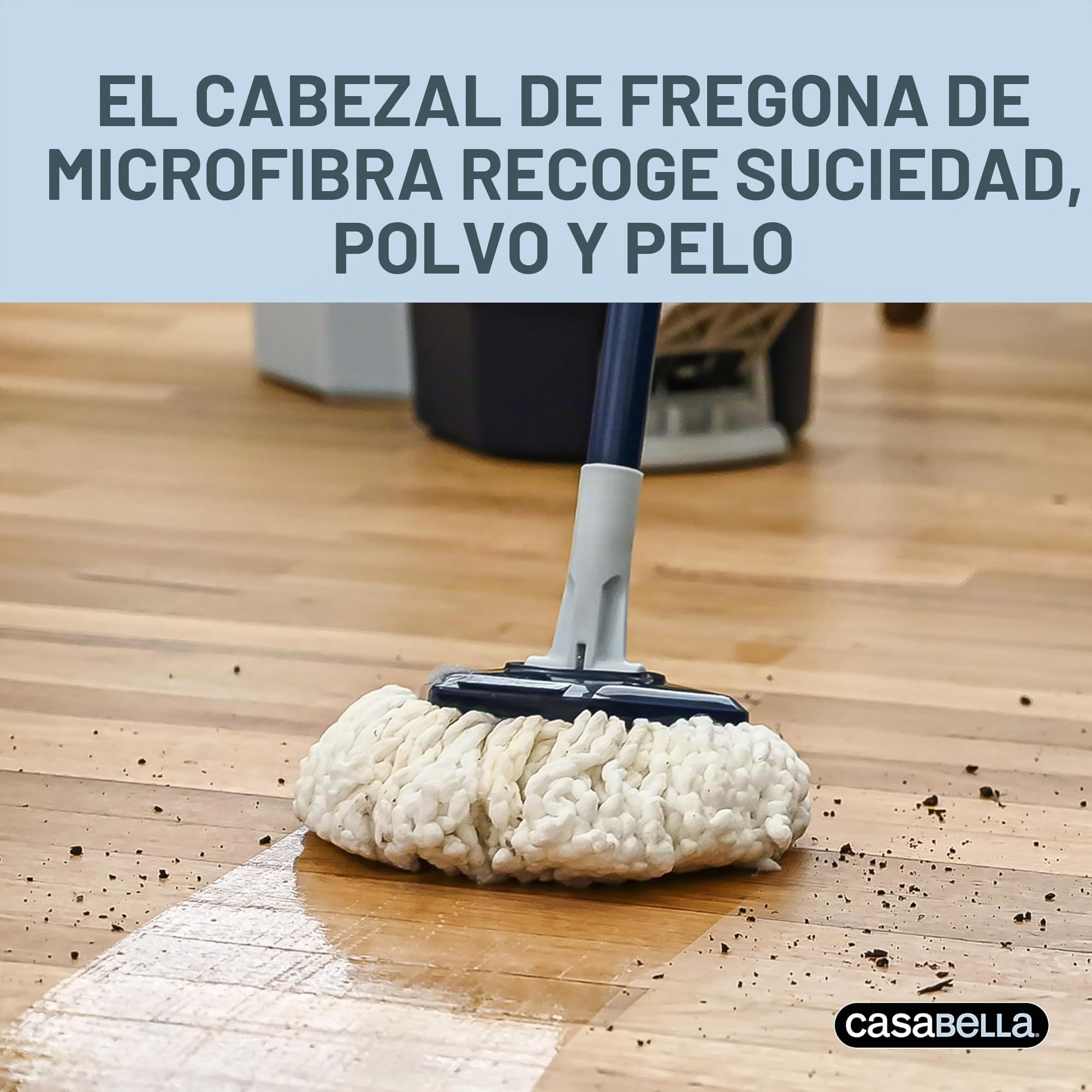 Casabella Sistema de fregona giratoria de agua limpia con recambio de cabezal de fregona adicional, sistema de fregona de diseño de dos cubos, protector contra salpicaduras, taza de medición integrada