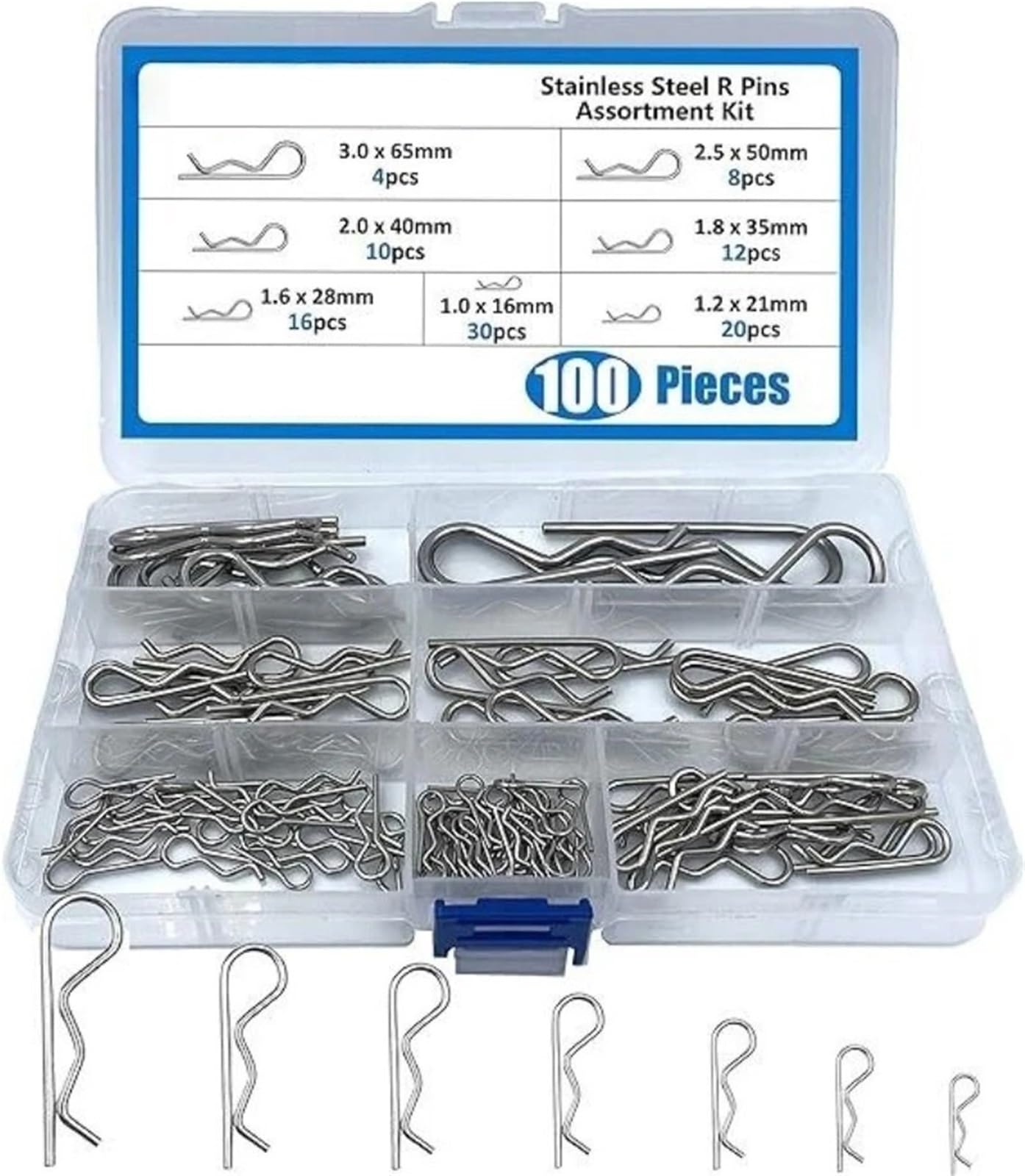 Assortimento di 100 perni a molla in acciaio inossidabile, clip a R, divisibili a forma onda for strumenti fissaggio per Meccanici