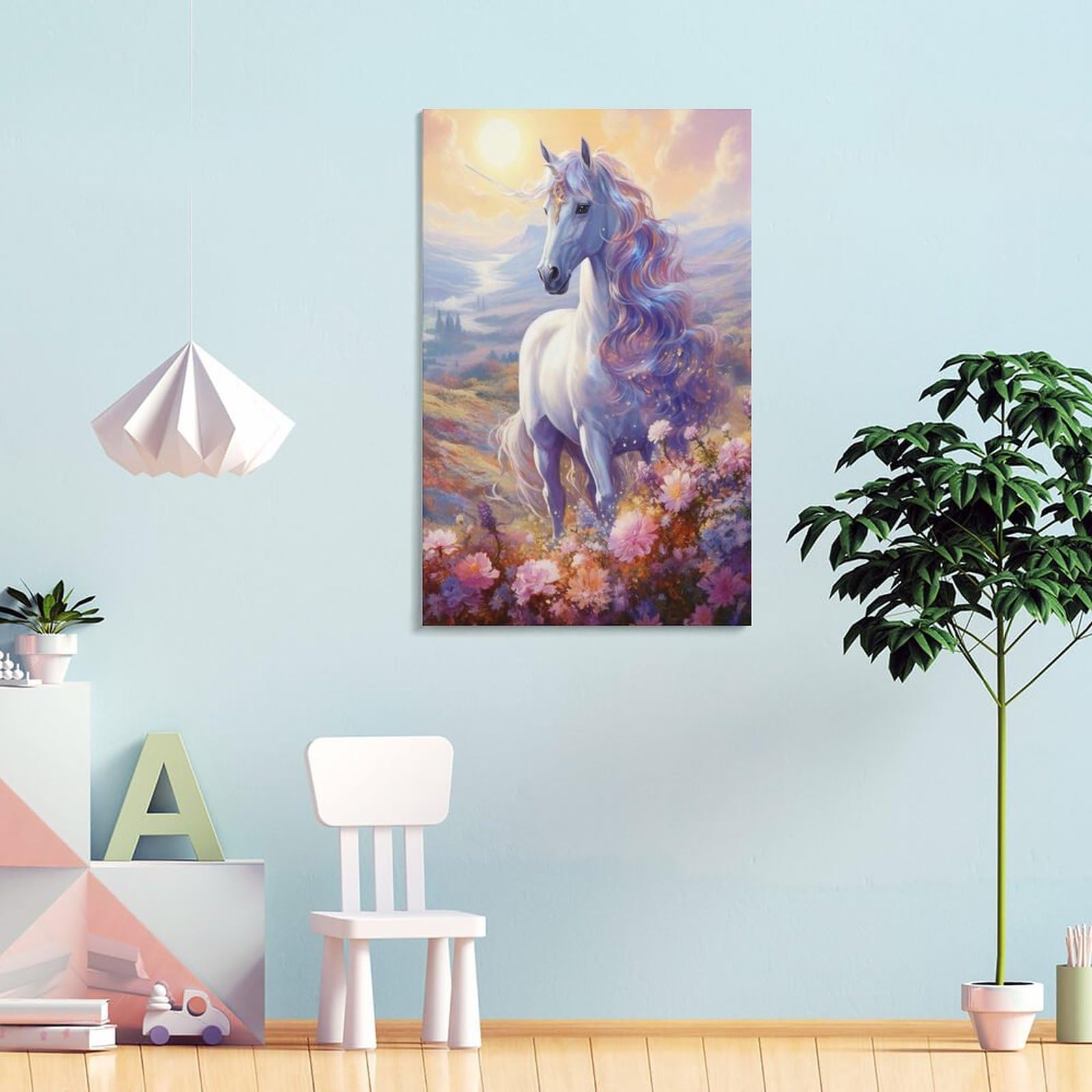 Amazon.co.jp: 絵画 花畑の白いユニコーンインテリア 絵画 馬 アート