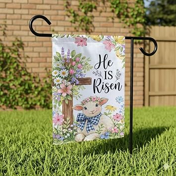 GADINO He Is Risen Easter Garden Flag 12x18 Double Sided Christian Cross with Lamb & Flowers Spring Yard Flag Religious Easter Outdoor Garden Decor, Fade & Weather Resistant
