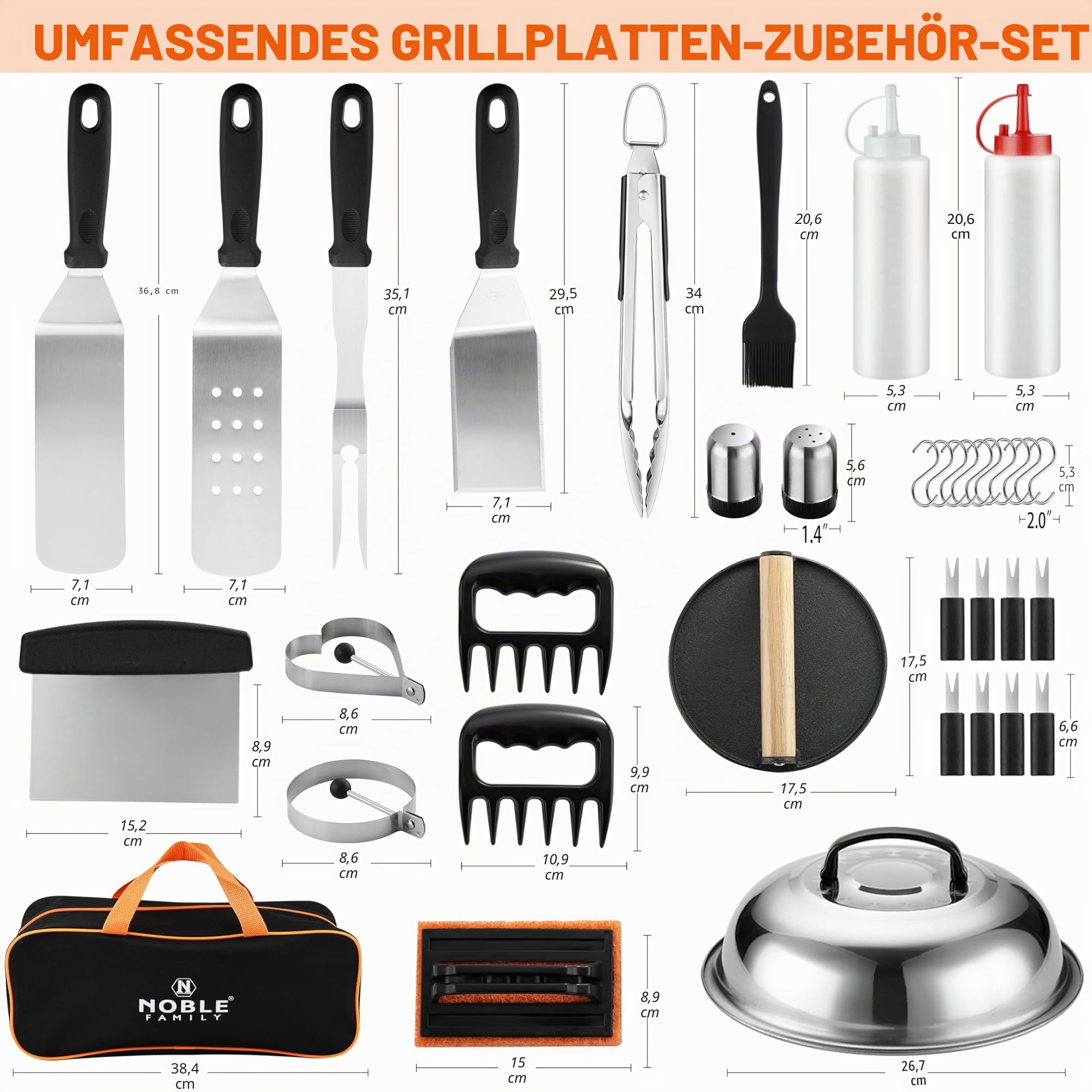 38-teiliges Grillzubehör-Set, professionelles Grillwerkzeug-Set für das Kochen im Freien, Edelstahl-Grillspatel-Set mit Zange, Burgerpresse, Tragetasche, perfektes Grillgeschenk für Männer und Väter