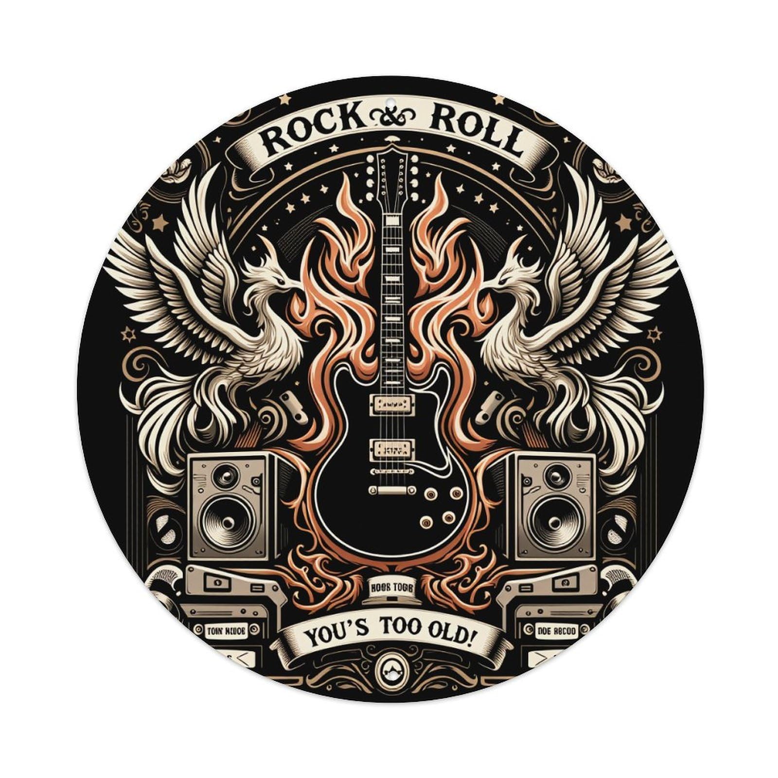 Rock And Roll Guitar Phoenix Flames Round Tin Sign Retro Metal Sign for Cafe Bar Pub Home Game Room Gym Club Wall Decoration Vintage Metal Poster 8x8 Inch