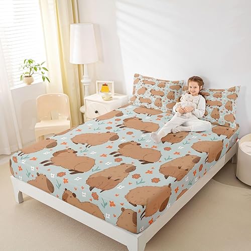 Miniatura 6 de Capybara - Juego de sábanas ajustables de tamaño matrimonial para niños, amantes de los animales, juego de ropa de cama para niños y adolescentes,