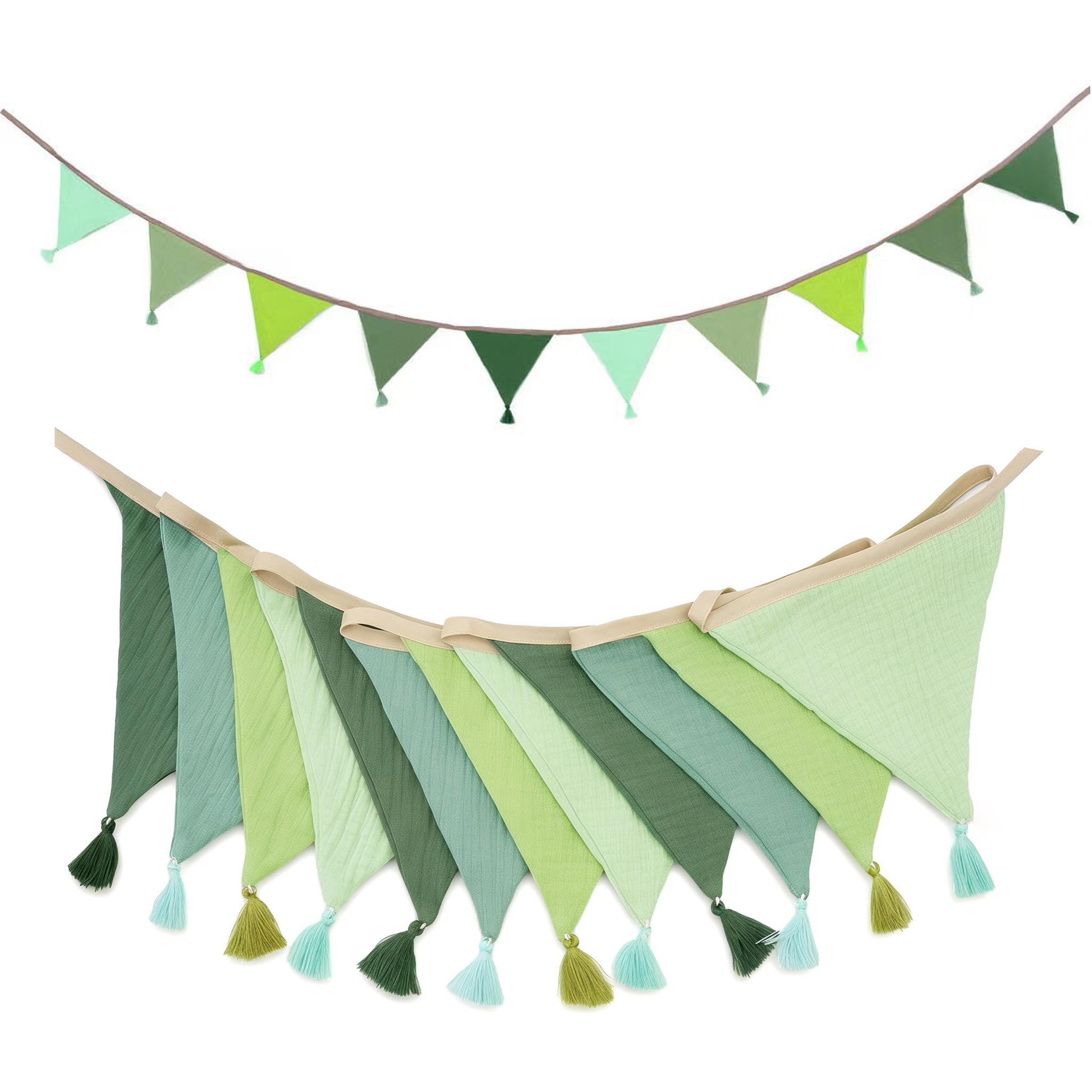 Fabric Bunting Banner, 2.6 m Double Sided Cotton Bunting with Tassels, Triangle Garland Flags for Brithday Party Garden Wedding Bedroom Decoration Baby Shower (green)