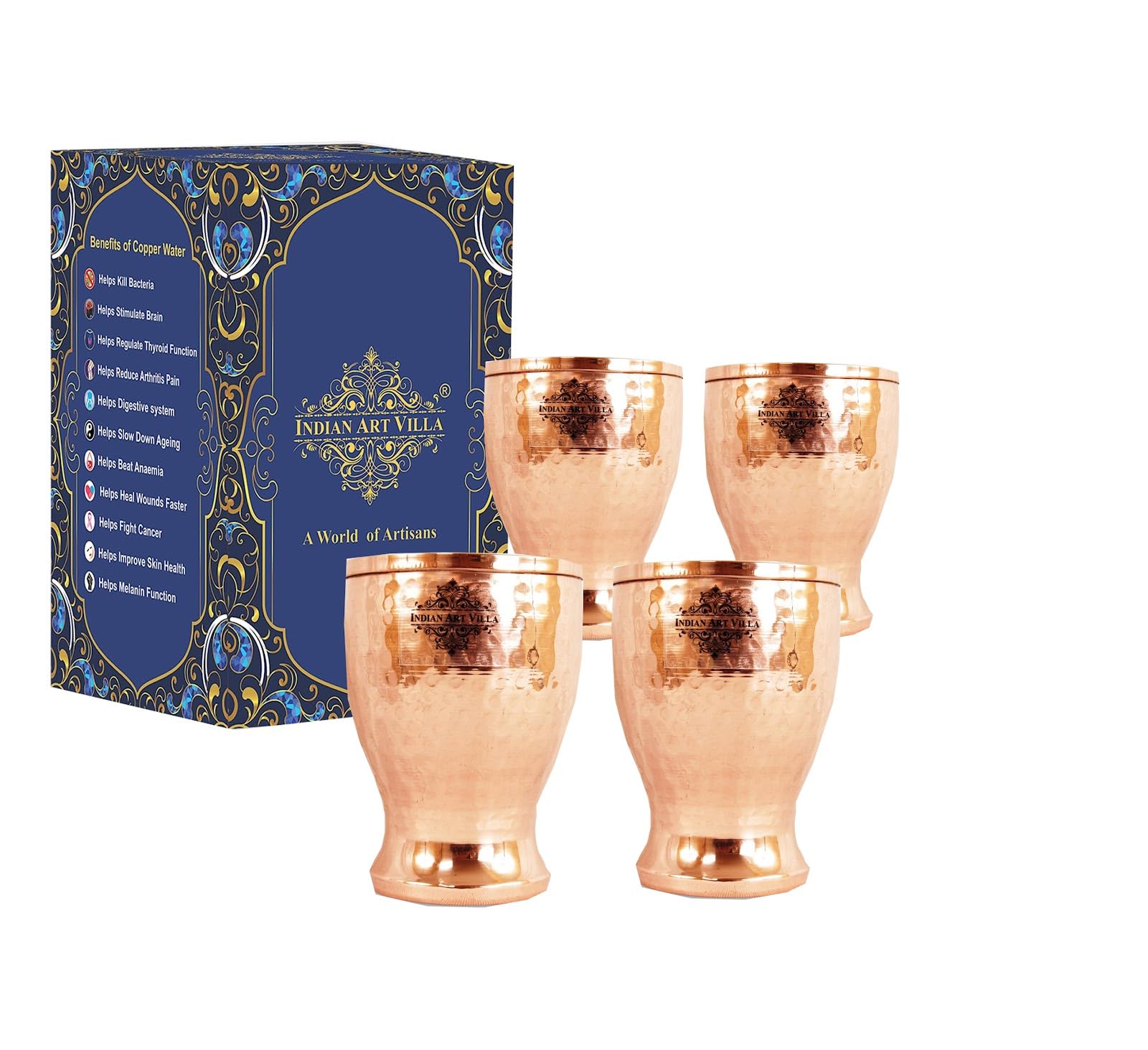 Indian Art Villa Copper Hammered Tumbler Set of 4 with Wide Mouth 12 Oz Each Pure Copper Handcrafted