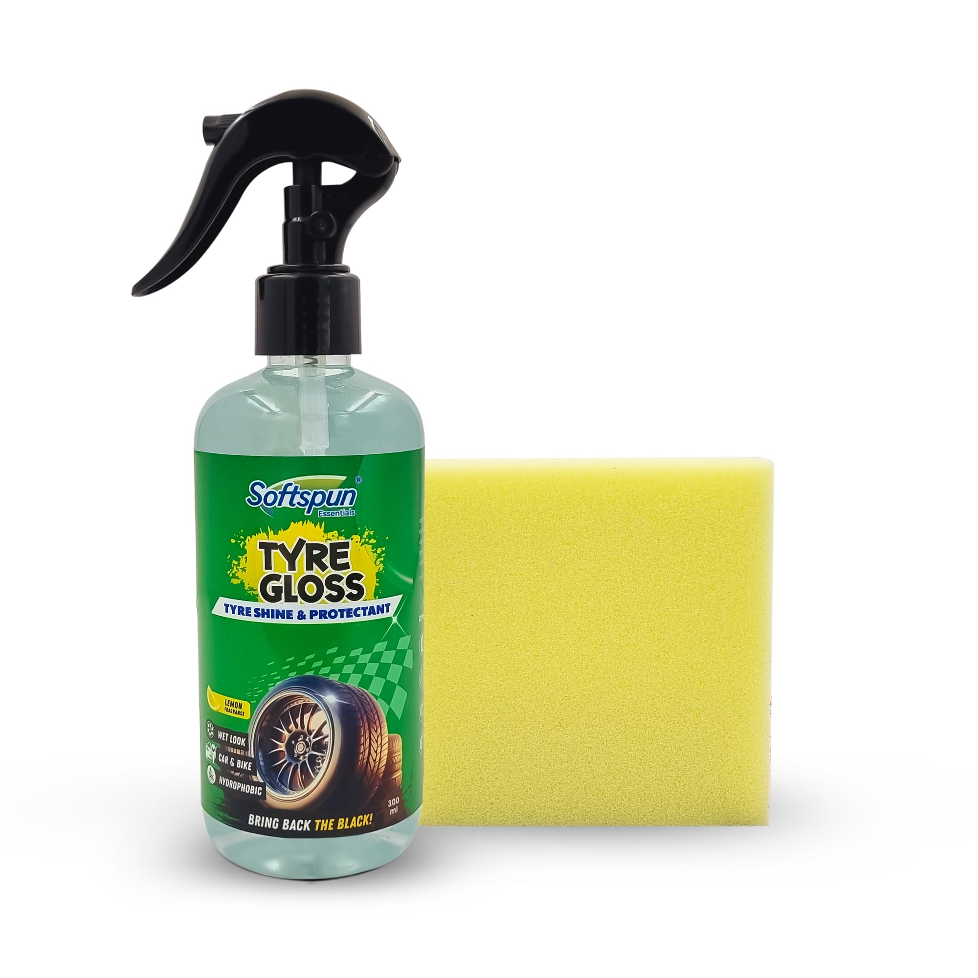 Softspun Essentials Tyre Gloss, Wet Look Shine Spray, 300ml, For Car & Bike With Applicator Pad, Hydrates Dry Tires, Gives UV Protection & Long Lasting High Gloss, Easy to Use & Water Repellent