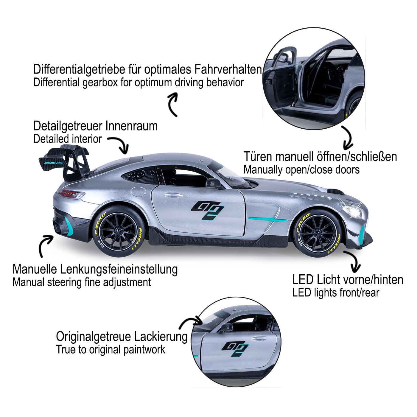 JAMARA 402241 Mercedes-AMG GT2 1:14 2,4 GHz – drzwi ręczne, zdalnie sterowany samochód RC, dla dzieci, zabawka z pilotem zdalnego sterowania, model samochodu, pomysł na prezent dla dzieci, światło LED