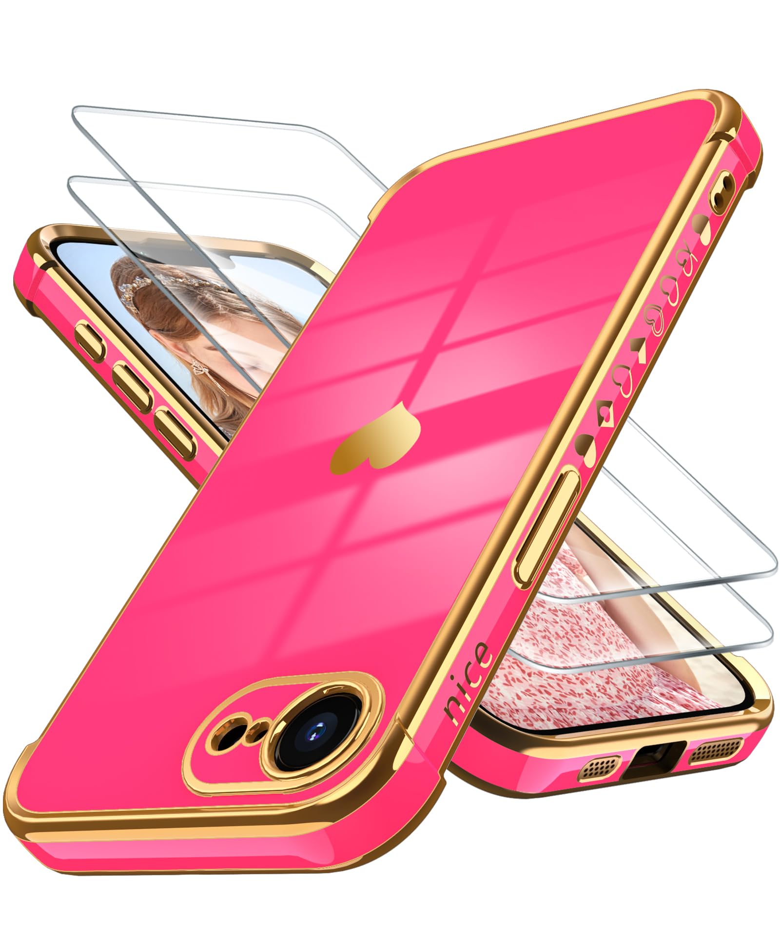 Dretal for iPhone 16e Case with 2X Screen Protector, Girl Women Cute Girly Love-Heart Luxury Gold Soft Cover Camera Protection Bumper Silicone