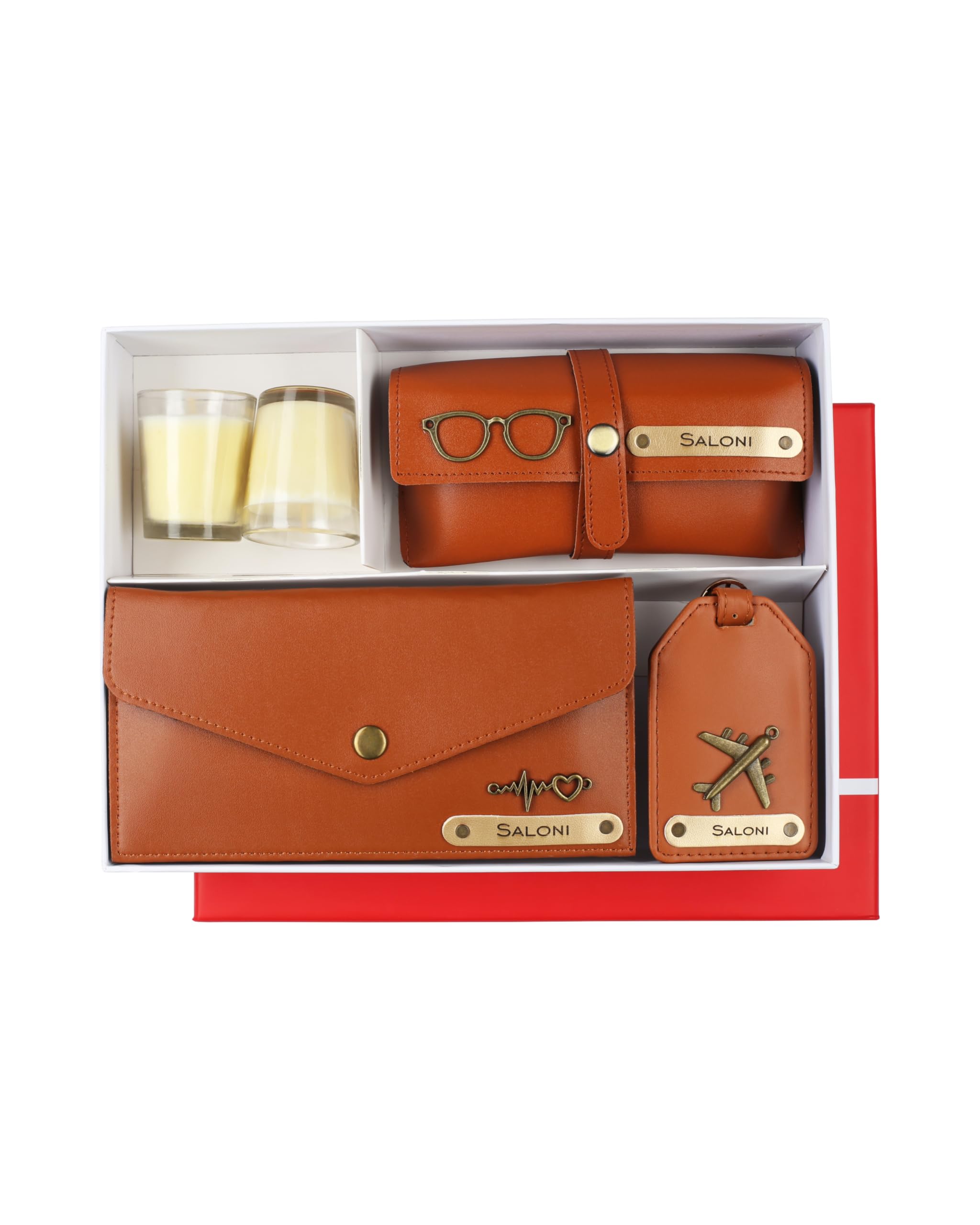 Aica Personalized Name & Charm Leather Women (Tan Brown) Combo | Women's Scented Candle & Leather GiftSet for Christmas Secret Santa New Year Gifts Women Sister Mother Wife Friends Family Office Staff