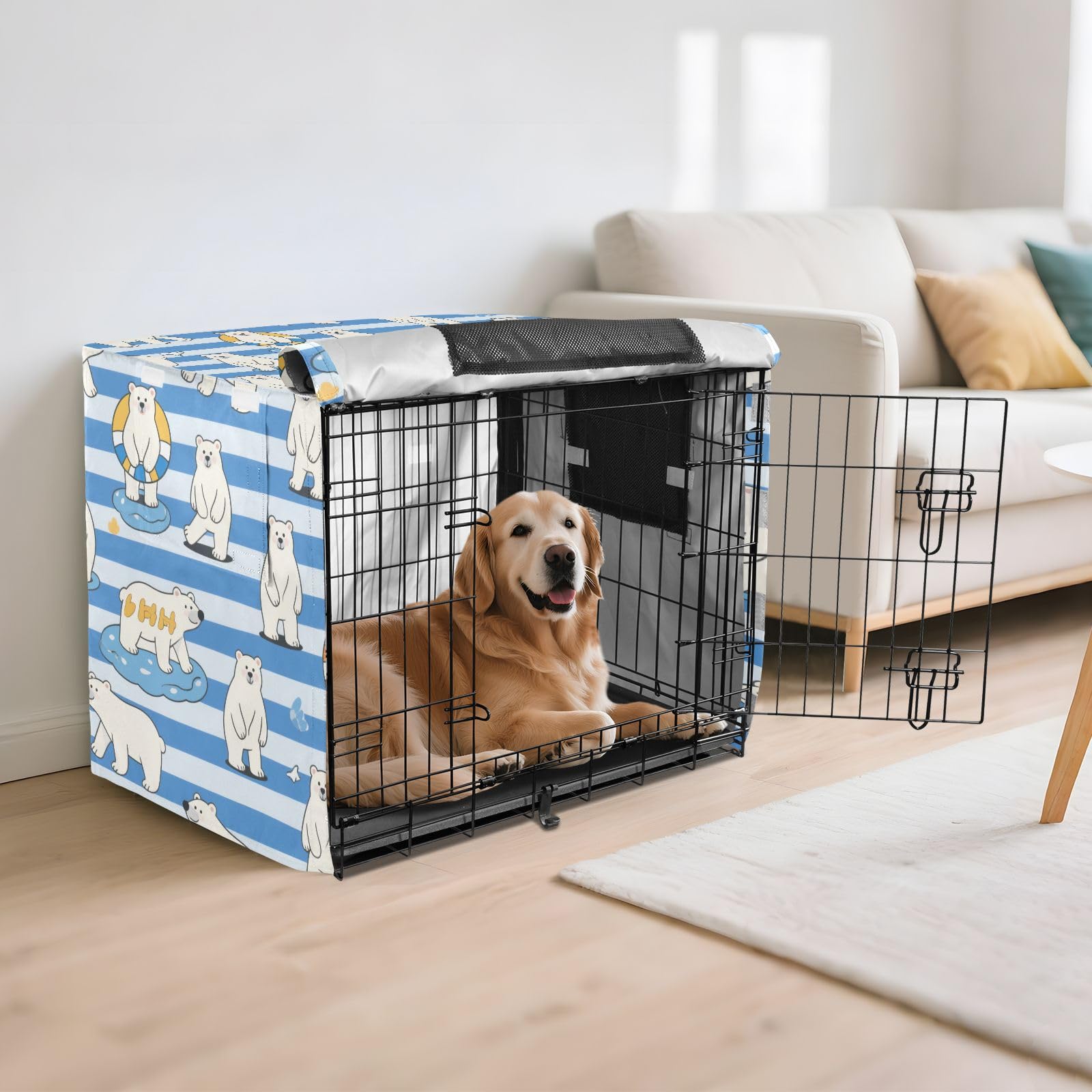 Copertura per gabbia per cani a righe blu e bianche