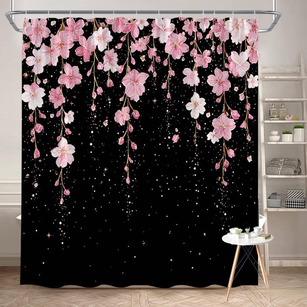 Glwdmb J-16 1 Piece 120X180cm Cherry Blossoms Printed Shower Curtain With Hook, Polyester, For Windows And Walls, Bathtub, Bathroom, Machine Washable, All Season Universal