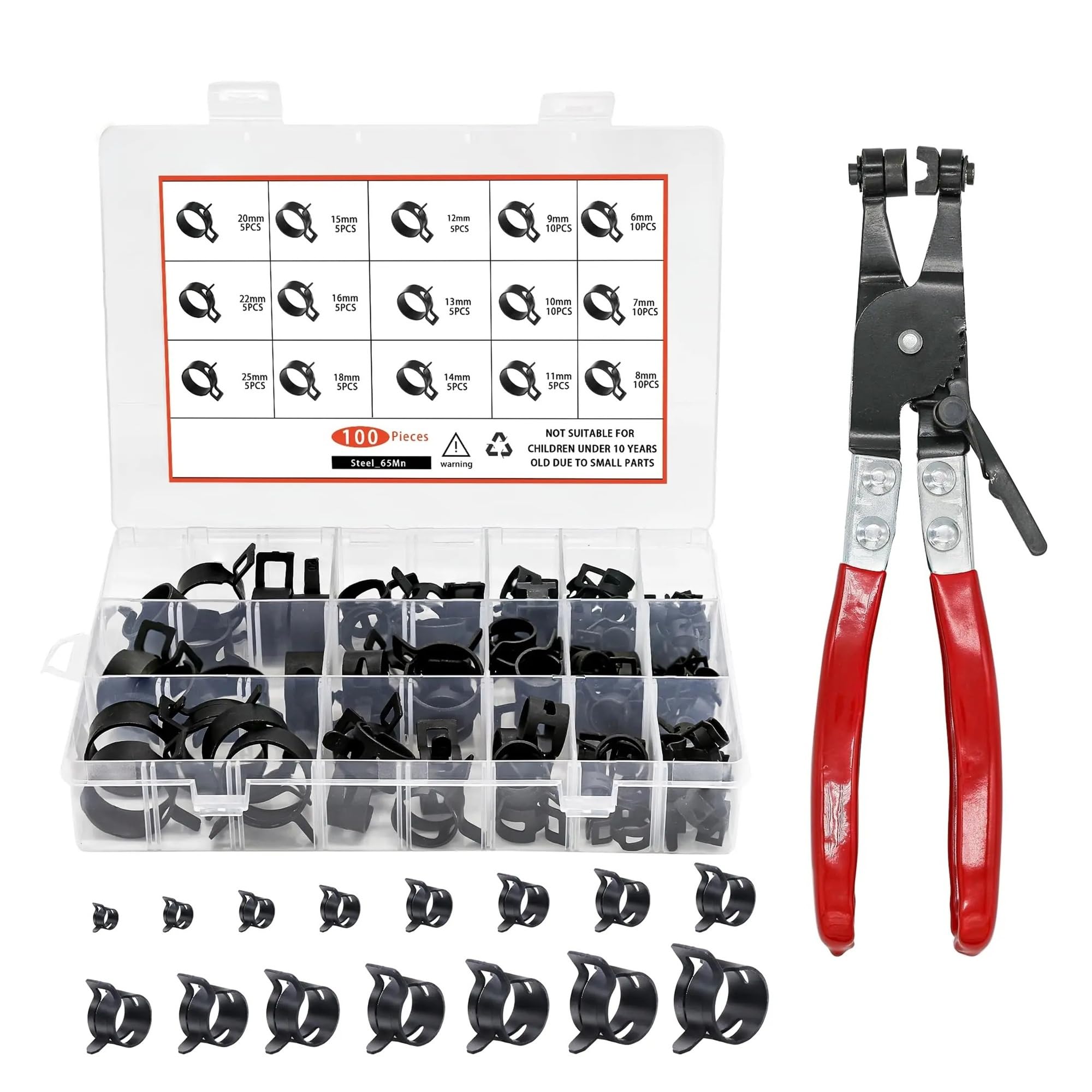 Kit de colliers de serrage à ressort avec pince 6-38 mm, pince à ressort noire for conduite de carburant, collier de serrage en silicone for tuyau à vide(100pcs 6-25mm)
