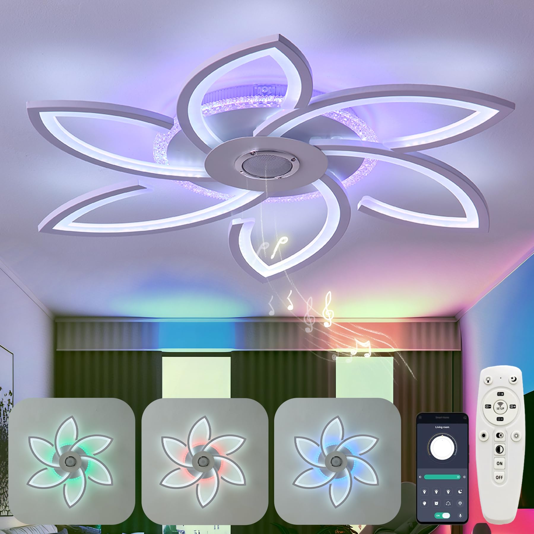 Rgb Ceiling Light With Built-In Speaker Sound Bedroom Ceiling Lamp Living Room LED Dimmable Ceiling Lighting With Remote Control Memory Function Modern Flower Ceiling Lights With APP Smart White Lamps