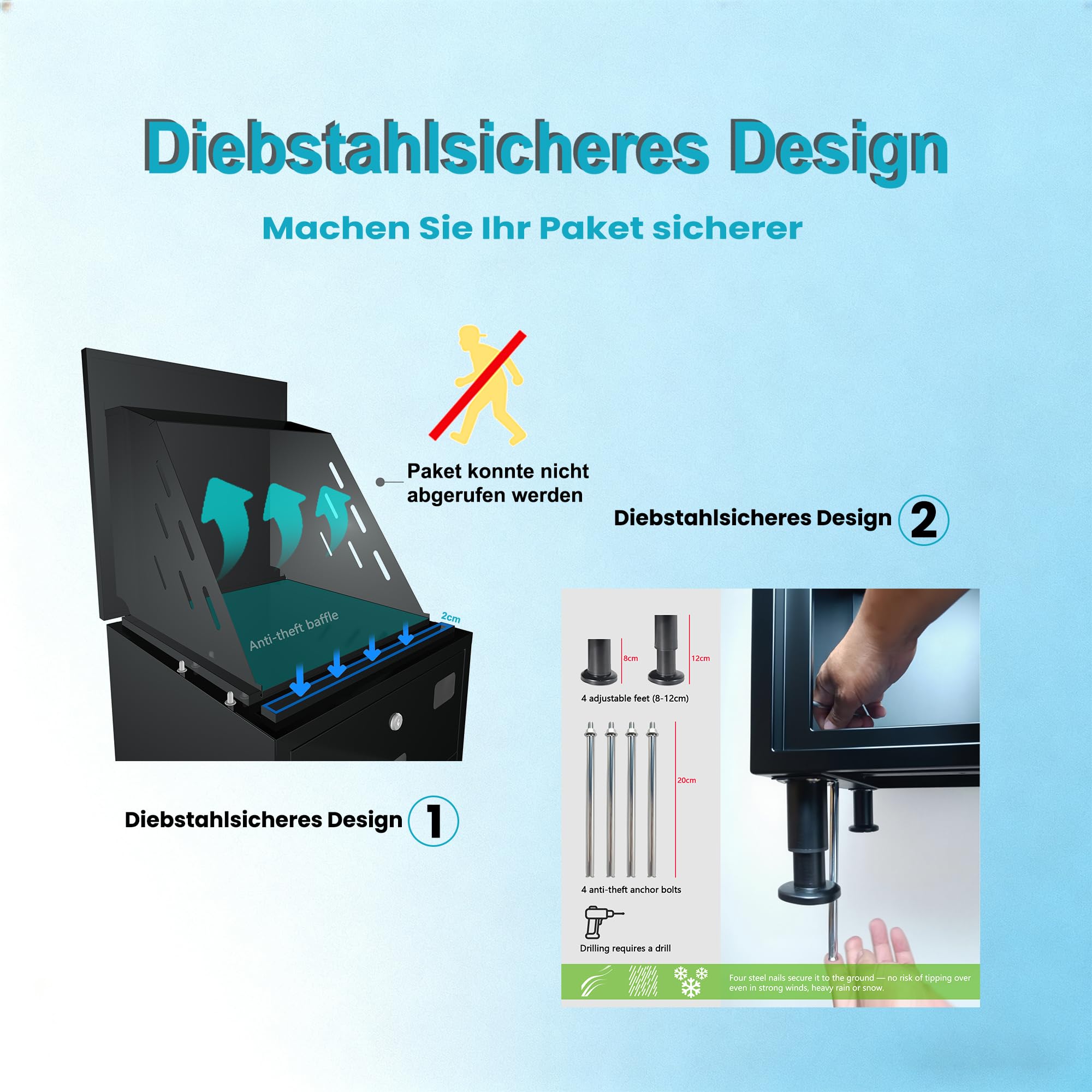 paketbriefkasten XXL undbriefkasten groß,Pulverbeschichtet，Wasserdicht, rostfrei und diebstahlsicher briefkasten paketbox Bodenstehender Parcel Box, einfach zu montieren.-Kohlenschwarz