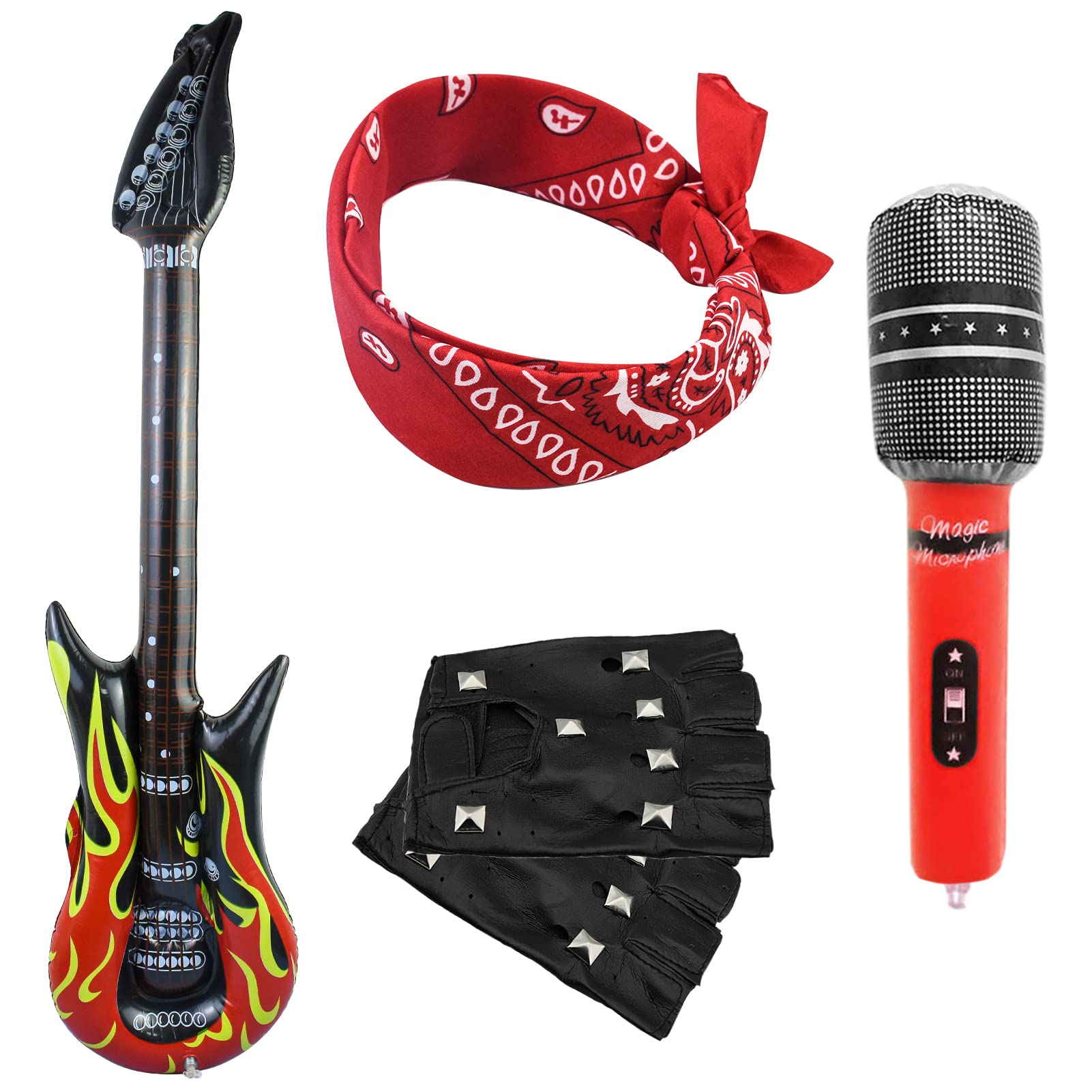 Punk Rocker Party Kit - Large Inflatable Guitar, Microphone, Gloves, Rockstar Fancy Dress Accessories for Kids, Boys, Men, Women - 70s 80s 90s Heavy Metal Disco Costume