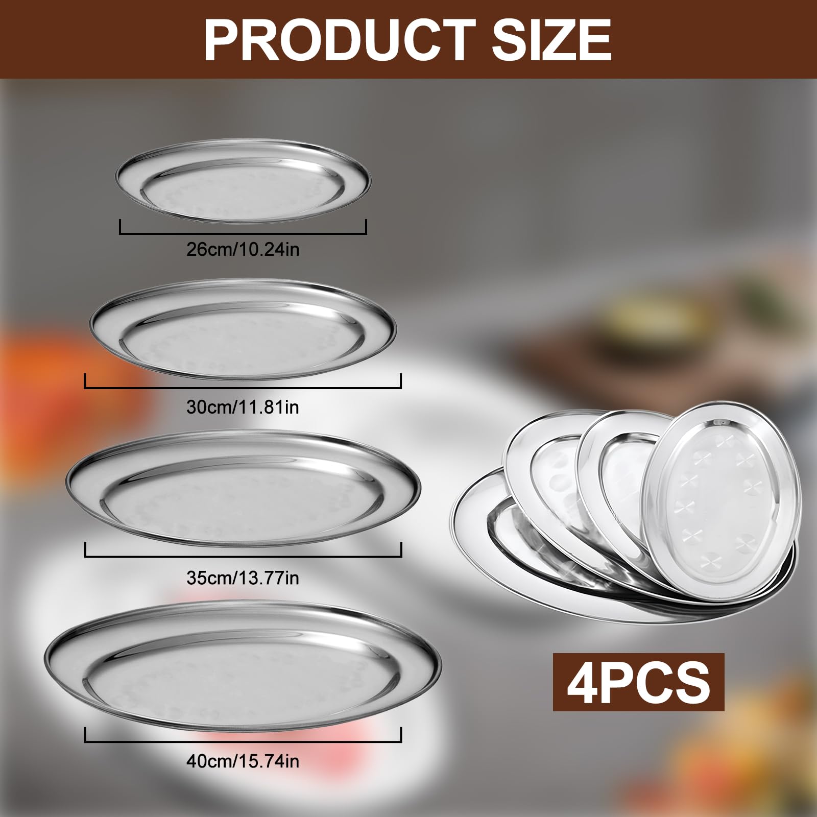 SUNOYA Vassoio Da Portata In Acciaio,4 Pezzi Piatti Rotonde In Acciaio Inox,Vassoio Ovale In Acciaio,Piatti Da Portata Ovali Per Carne,Piatto,Pesce E Buffet(26cm,30cm,35cm,40cm)