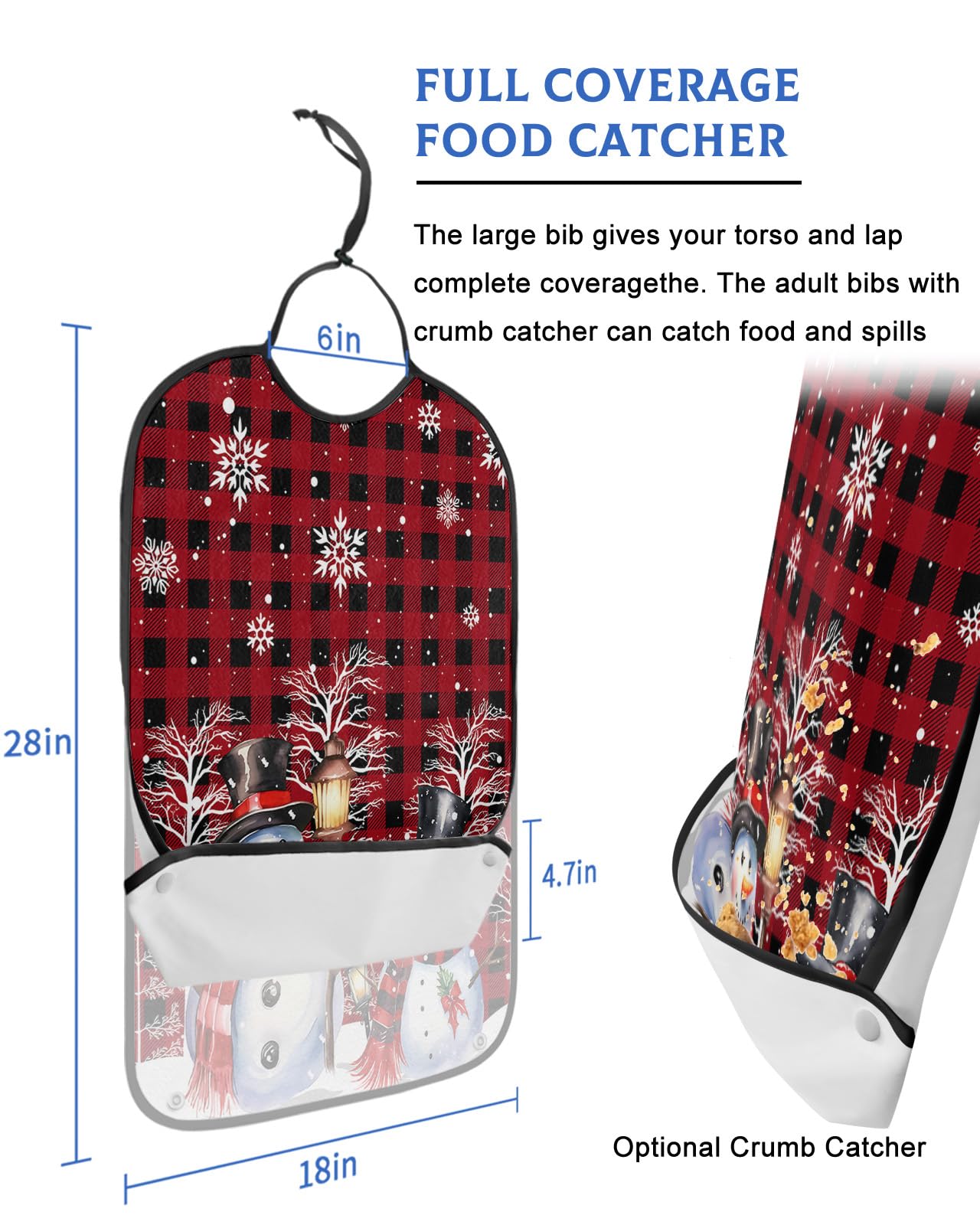 Red Black Plaid Christmas Adult Bibs for Eating, Waterproof Bibs with Food Catcher & Adjustable Snap Closure, Winter Snowman Xmas Tree Snowflake Clothing Protectors Adult Bibs for Elderly Women/Men