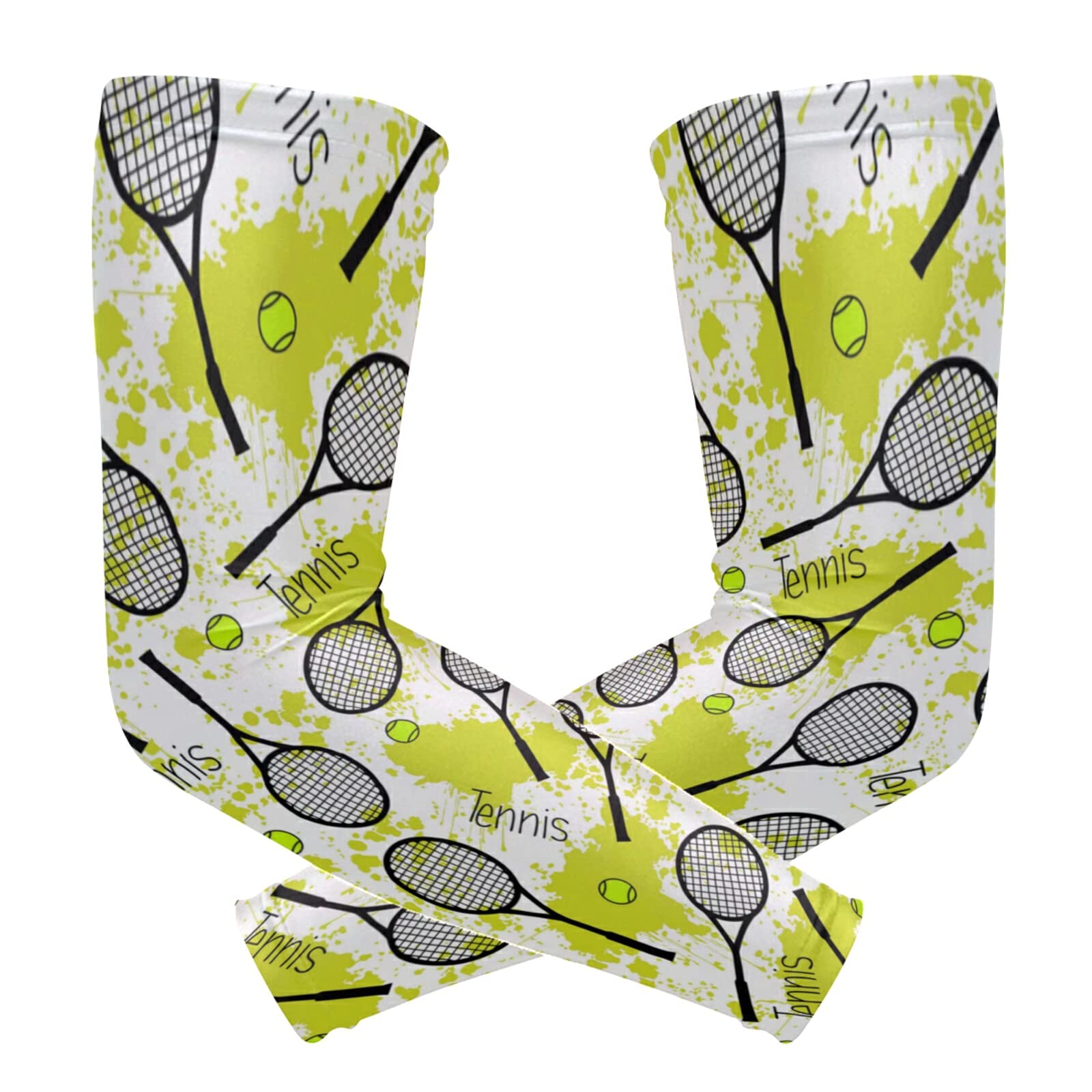 Seamless Black Tennis Rackets Green Balls on Green Blots Stains 1 Pair Cooling Sports Arm Sleeves, Cover Uv Sun Protection Warmer for Sports Men Women Running Golf Cycling Riding Jogging