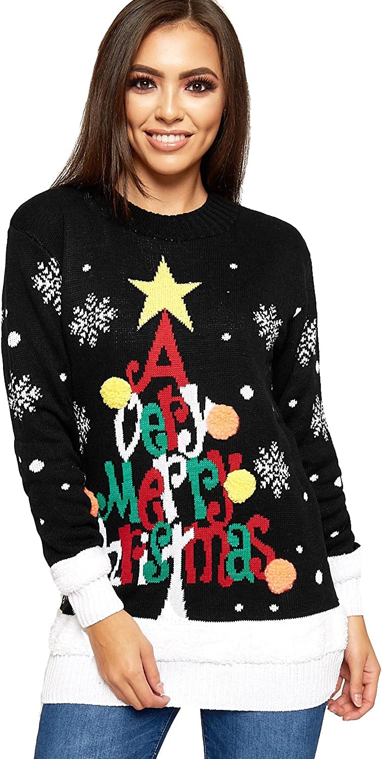 Wearall Women's A Very Merry Christmas Black Knitted Merry Christmas Xmas Snowflake Reindeer Pom Jumper A Very Merry - Black 20-22