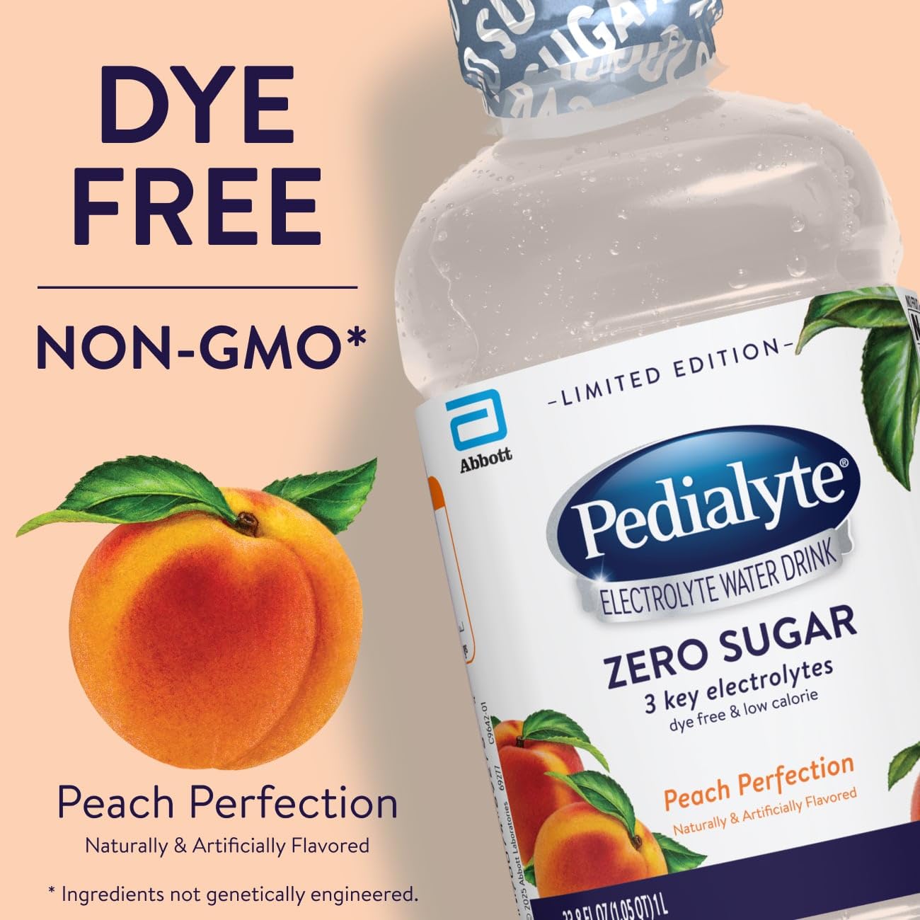 Pedialyte Electrolyte Water With Zero Sugar | Hydration With Key Electrolytes | Hydration Low in Calories | Peach Perfection, 1 Liter, Pack of 4