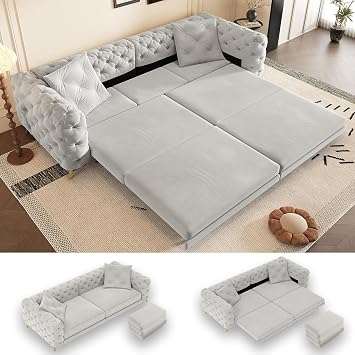 97.7" King Size Sleeper Sofa Bed, 3-in-1 Convertible Pull Out Chesterfield Sleeper Couch with Ottoman, Oversized Velvet Button Tufted L Shaped Sofa for Living Room Bedroom, Light Grey