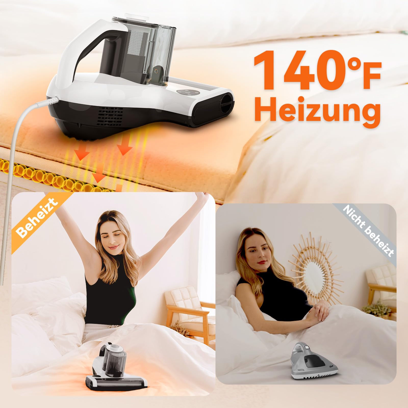 Dibea Handstaubsauger 18Kpa Milbensauger 450W Staubmilben-Sensor LED-Anzeige 60℃ Heißer Wind