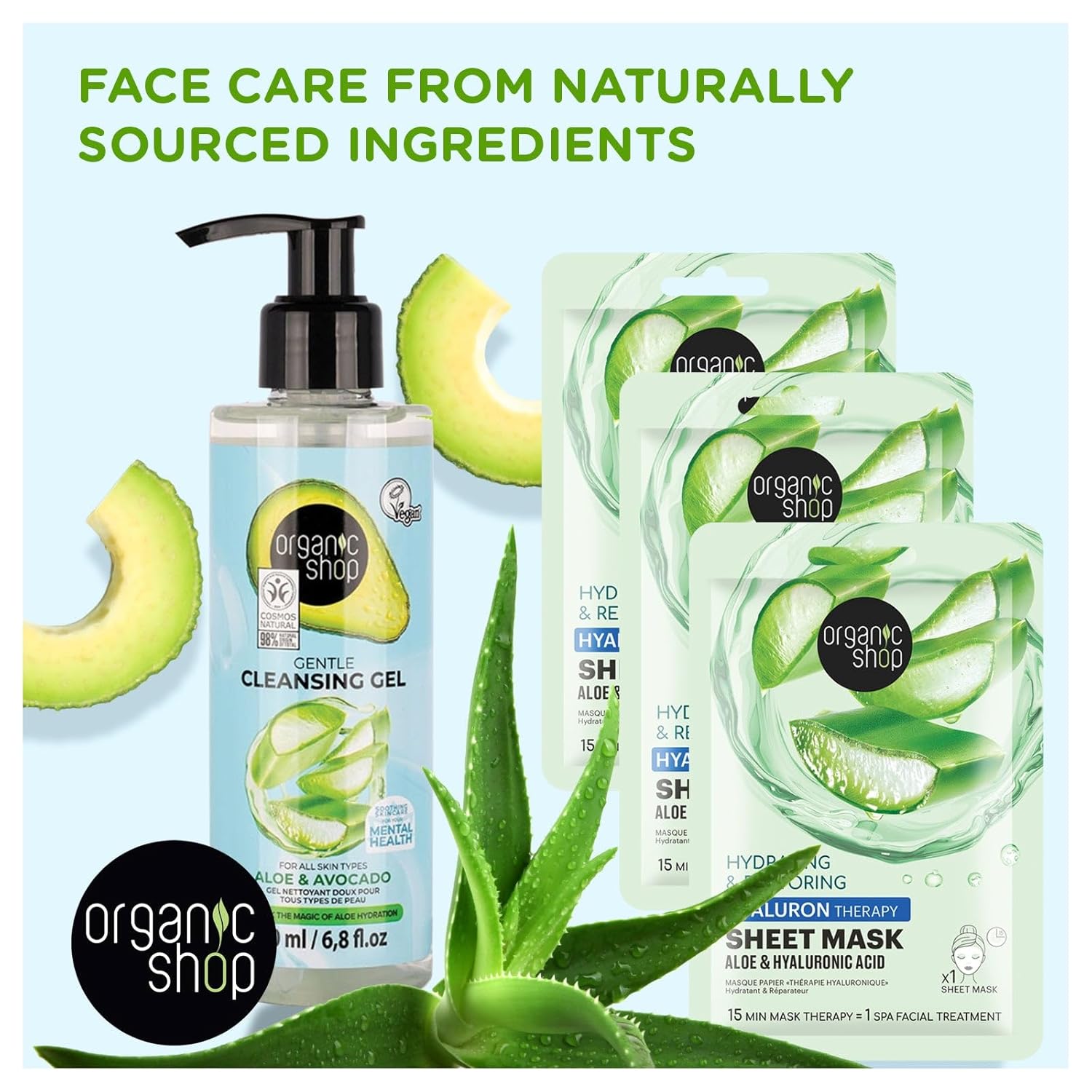 Organic Shop Face Care Set: Gentle Cleansing Gel 200 ml + Hyaluron Therapy Sheet Masks (3 Count), Aloe & Hyaluronic Acid, Vegan & Organic Skincare (Pack of 2)