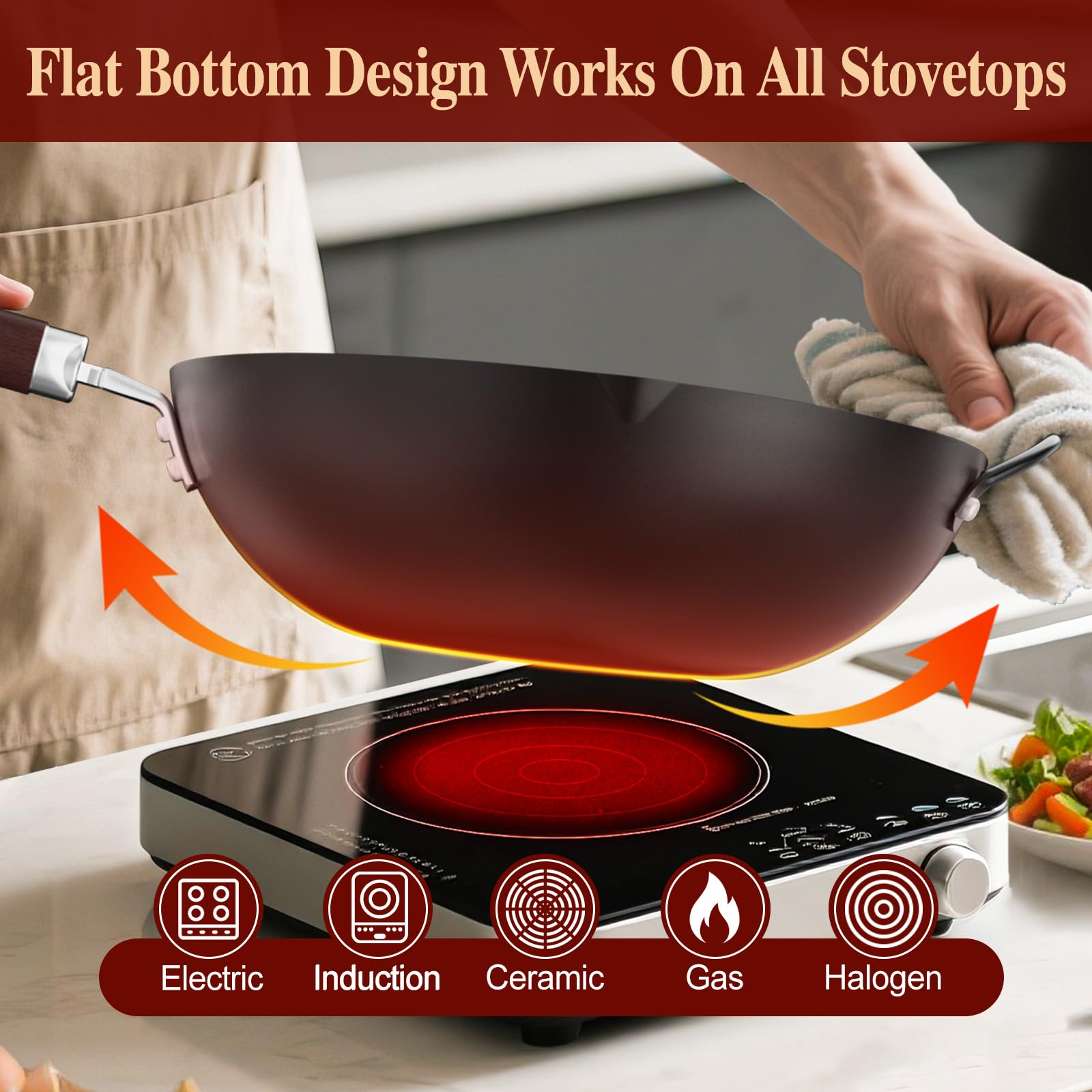Jobin 32cm Wokpfanne aus Kohlenstoffstahl mit Deckel, Griff aus Holz und Stahl und zum Kochen von Asiatischen Gerichten für 3-5 Personen, Induktion, Elektro, Gas - FLACH