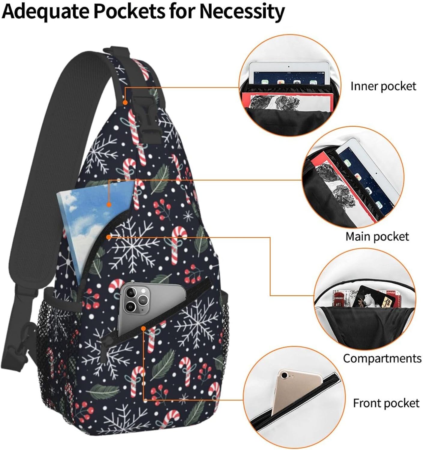 Christmas Crossbody Sling Bag For Women & Men - Adjustable Holiday Pattern With Christmas Candies - Merry Xmas Daypack
