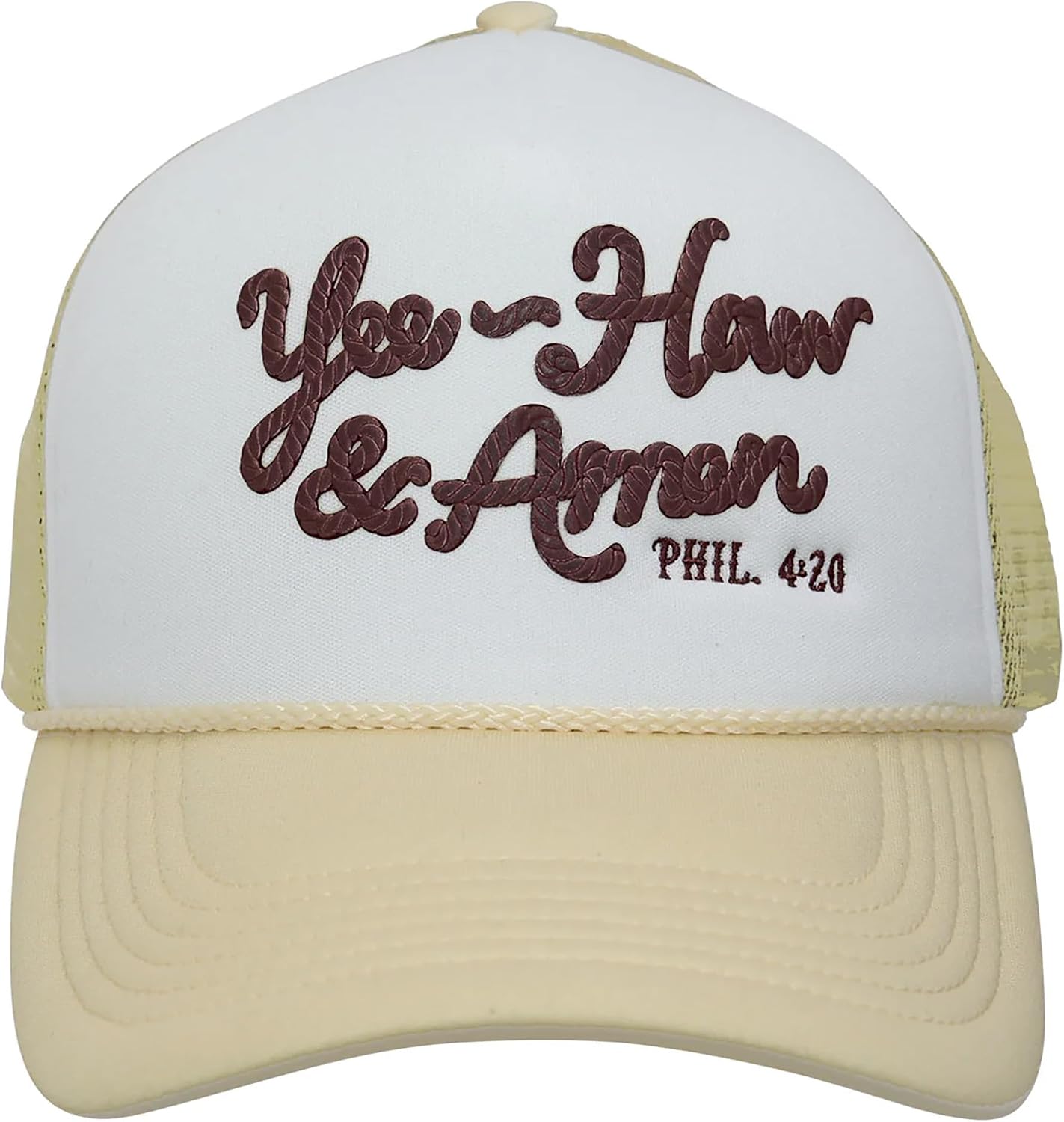 Kerusso - Yee-Haw and Amen Phil. 4:20 - Polyester - Women's Mid-Rise Trucker Hat - One Size Fits Most, Tan and White