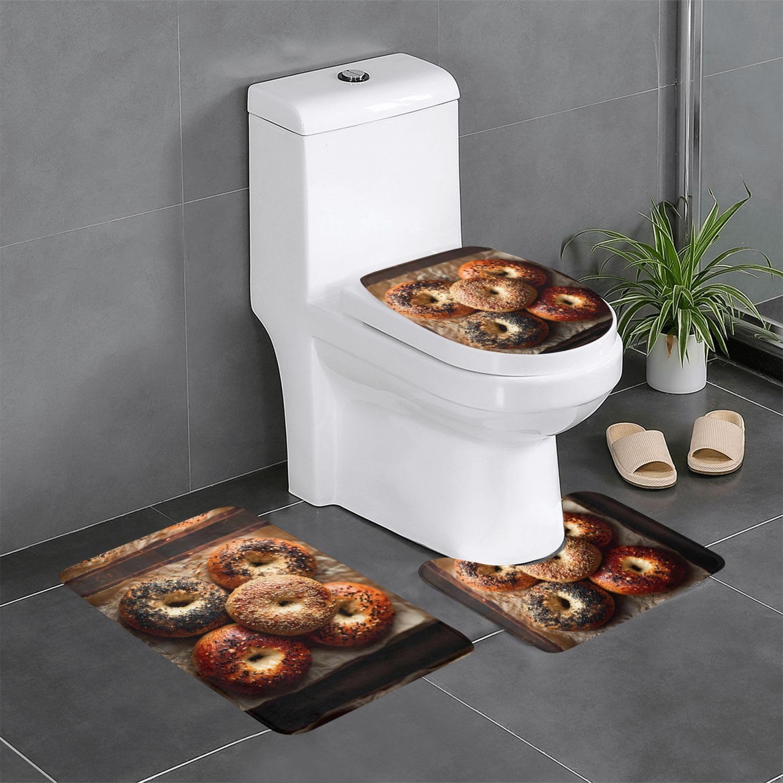 Tapis de salle de bain antidérapant lot de 3 pour toilettes et lavabo motif bagels 61x40 cm
