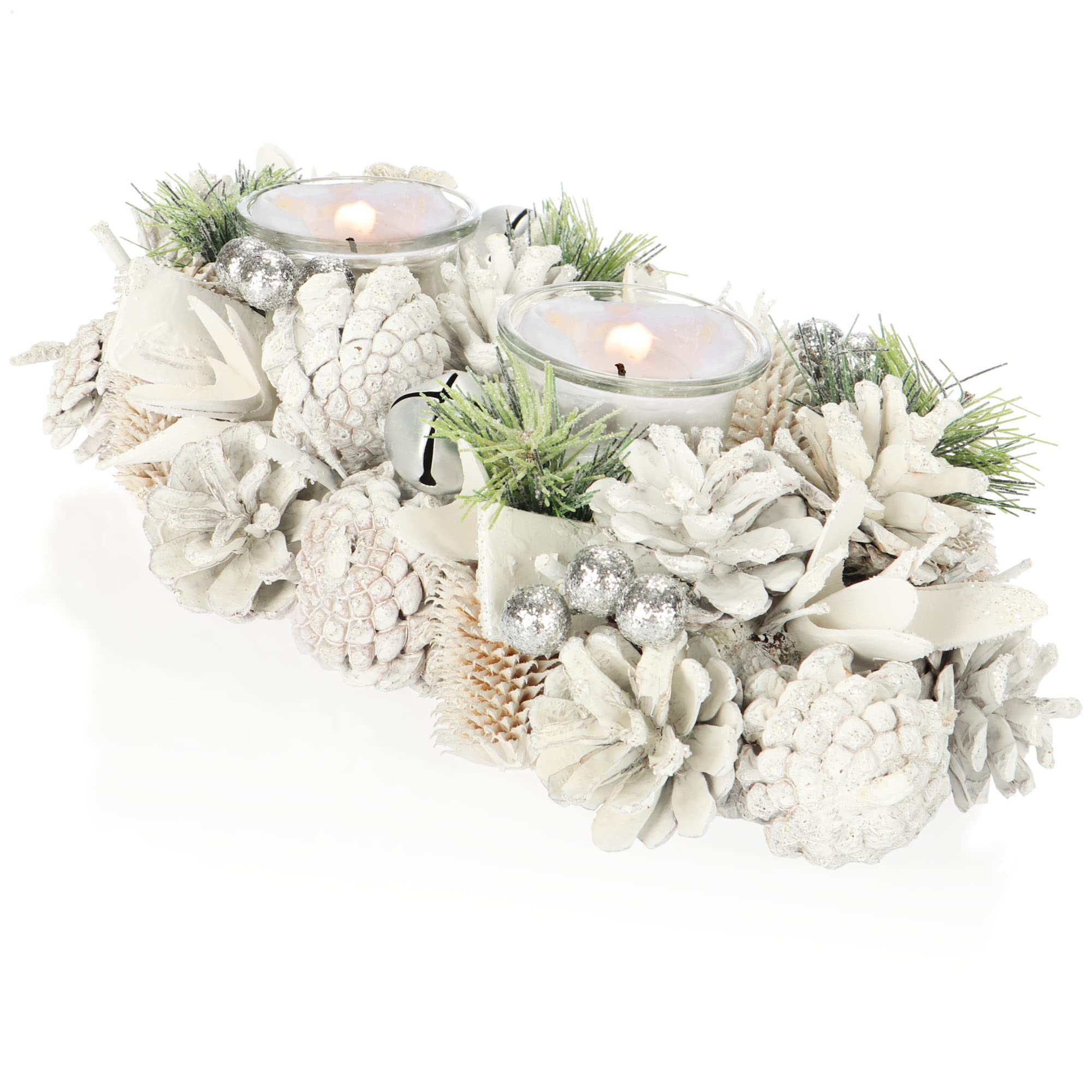 com-four® Portavelas - Portavelas Decorativo para Navidad y otoño - Portavelas con Materiales Naturales - Artesanía (2 candelabros - Brillo Blanco)