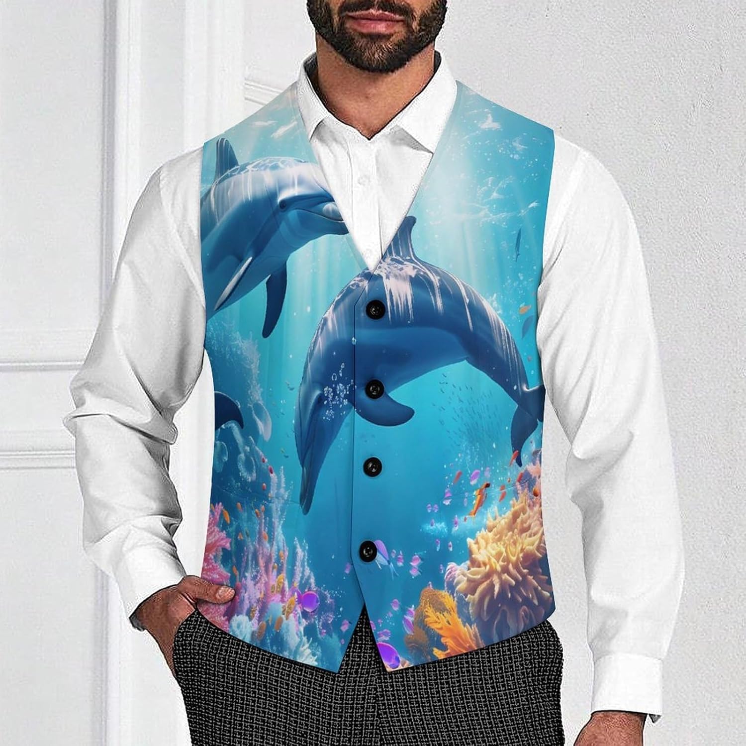 Dolphins Tropical Fish Ocean Mens Suit Vests V-Neck Casual Vest Dress Formal Tuxedo Wedding Waistcoat