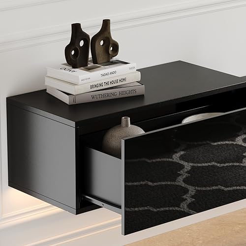 Miniatura 5 de MOUMON Consola de TV flotante con cajones y luces de alto brillo, moderno soporte de TV montado en la pared, centro de medios flotante para sala de