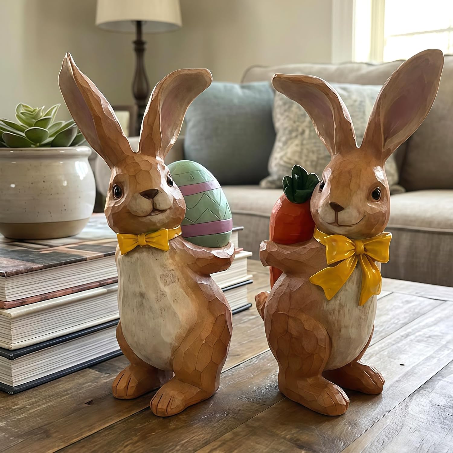 LIFFY Easter Bunnies Statue Home Decor - Charming Hand Painted Resin Rabbit Figurines with Flower, Pretty Spring Home Decor & Gift (Brown)
