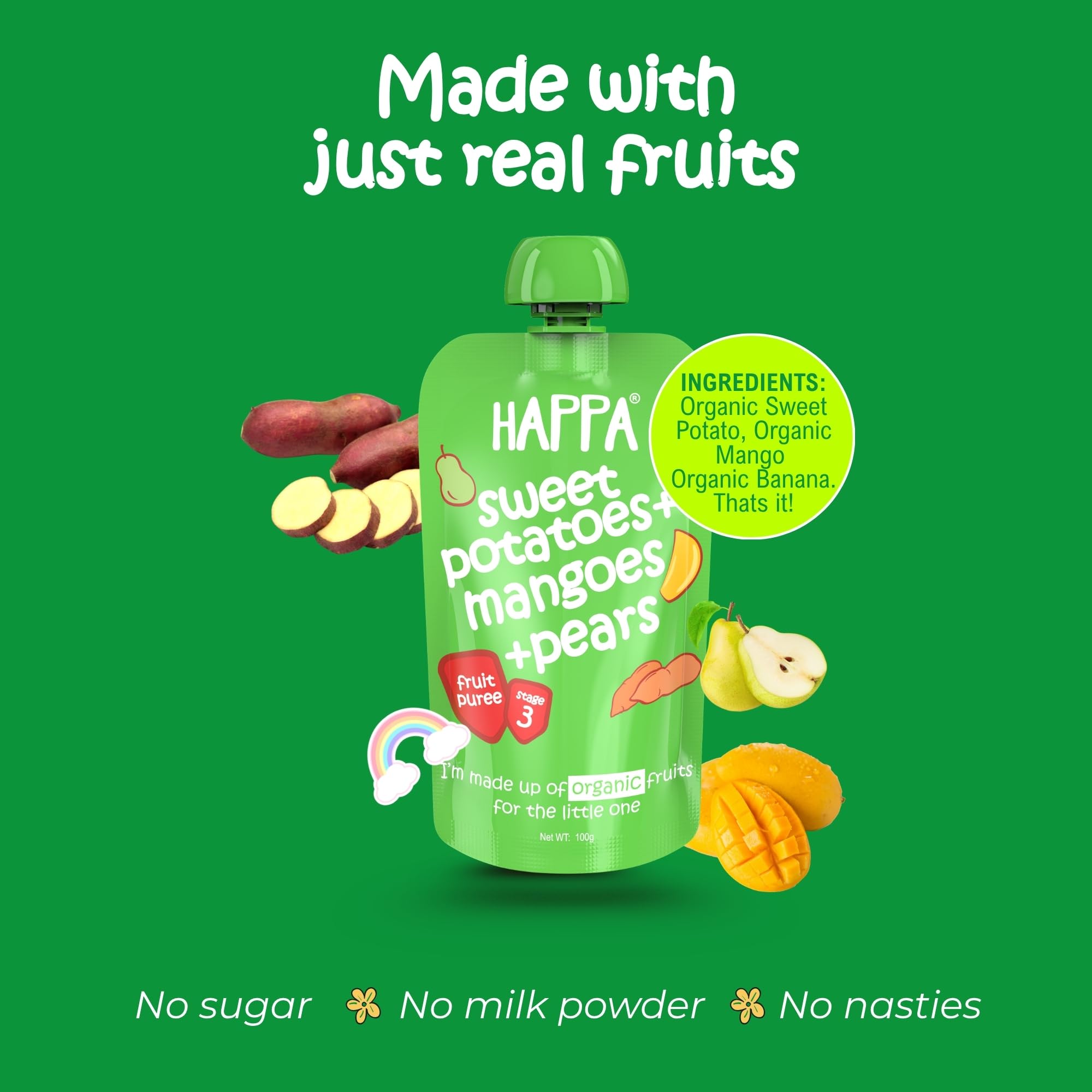 Happa Organic Baby Food Sweet Potato Mango and Pear Puree | 100% Fruits and Vegetables | No Added Sugar, No Milk Powder, No Preservatives | Stage 3 (8 Months+) | Ready to Eat | Free from Common Allergens | Pack of 1 (100g Each)