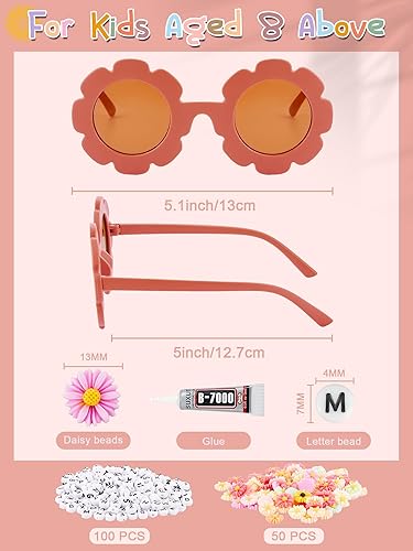 Miniatura 2 de 10 pares de lentes de sol redondos con flores para niños, para exteriores, con 50 margaritas, 100 cuentas de letras al azar (color elegante)