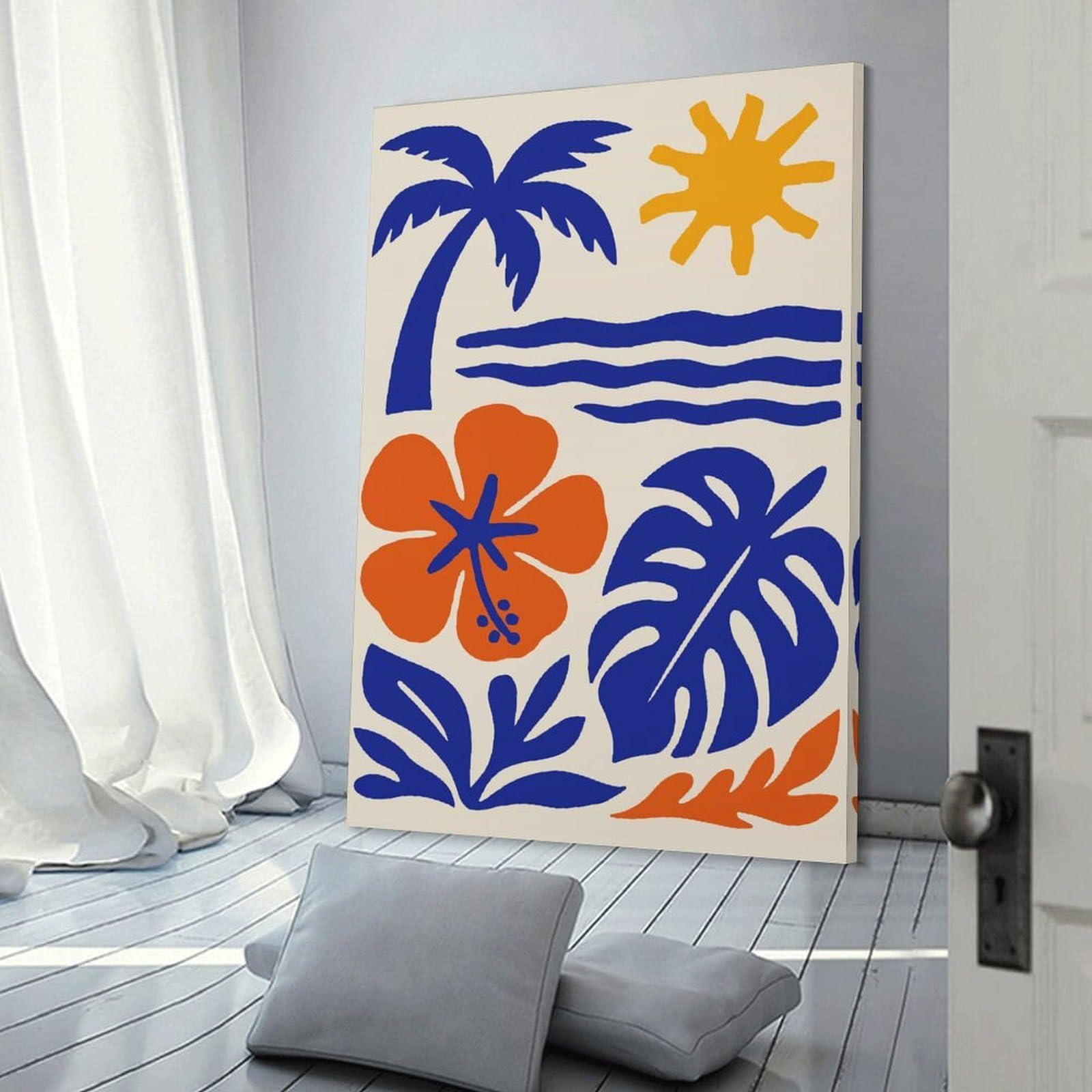 Junmoney Tropical Beach Illustration with Palm Tree Room Decor Wall Art 20x30inch(50x75cm), for Wall Displays, Bedrooms Or Room Updates, Ideal for Building A Coordinated Art Wall