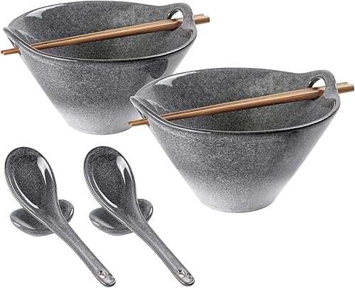 UNICASA Juego de 2 cuencos japoneses para ramen con palillos, cucharas y restos, cuencos de porcelana profunda de 26 onzas para Udon, Pho, ensalada,