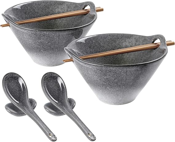 UNICASA Japanese Ramen Bowl Set with Chopsticks, Spoons and Rests, 26oz Deep Porcelain Noodle Bowl Set of 2 for Udon, Pho, Salad, Soup (Reactive Gray)