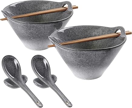 UNICASA Japanese Ramen Bowl Set with Chopsticks, Spoons and Rests, 26oz Deep Porcelain Noodle Bowl Set of 2 for Udon, Pho, Salad, Soup (Reactive Gray)