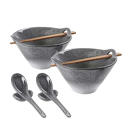 UNICASA Porcelain Ramen Bowls, 2 Piece Salad Bowl with Chopsticks and Spoons, Soup Bowl and Noodle Bowl for Kitchen Restaurant Hotel - Grey - 780ml